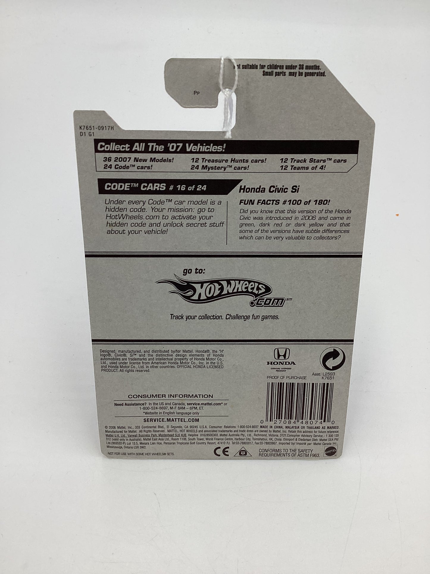 2007 Hot wheels #100 Code Cars Blue Honda Civic Si SR