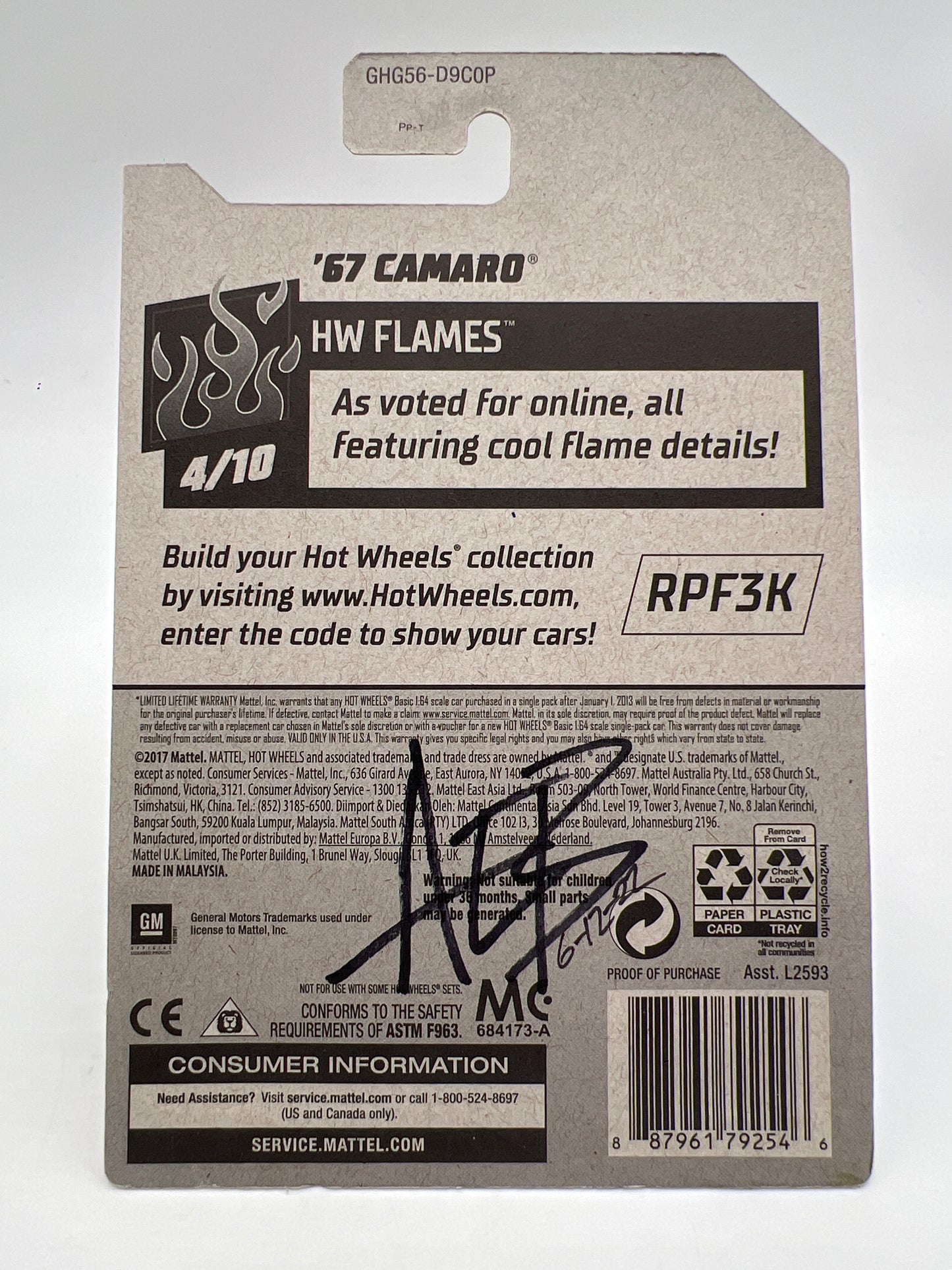 Hot Wheels 67 Camaro Kroger Exclusive Black Wheel Swap Custom On Card W/Protector SR