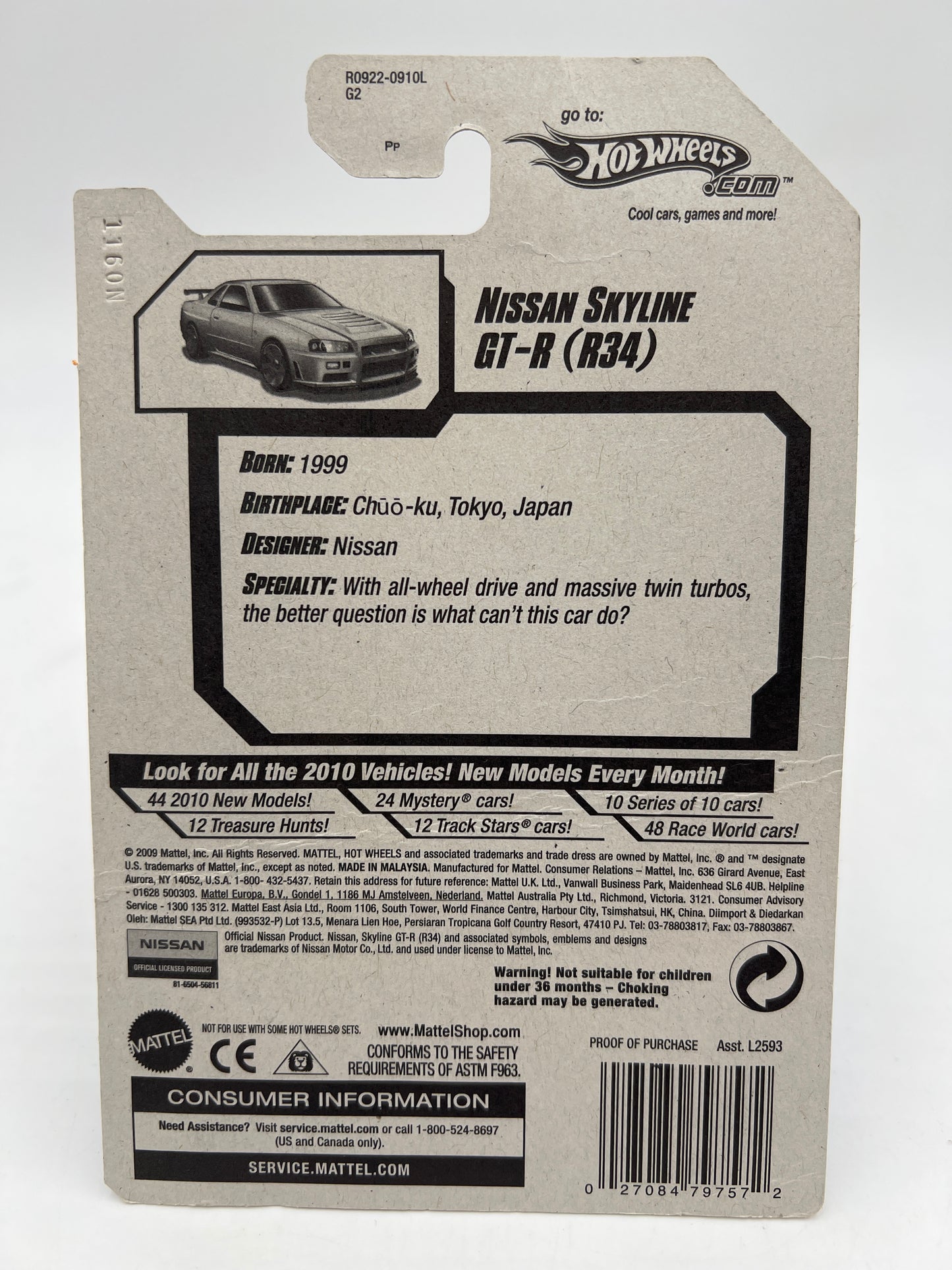 2010 Hot Wheels New Models #007 Nissan Skyline GT-R R34 Silver HTF W/Protector *Bad Card*