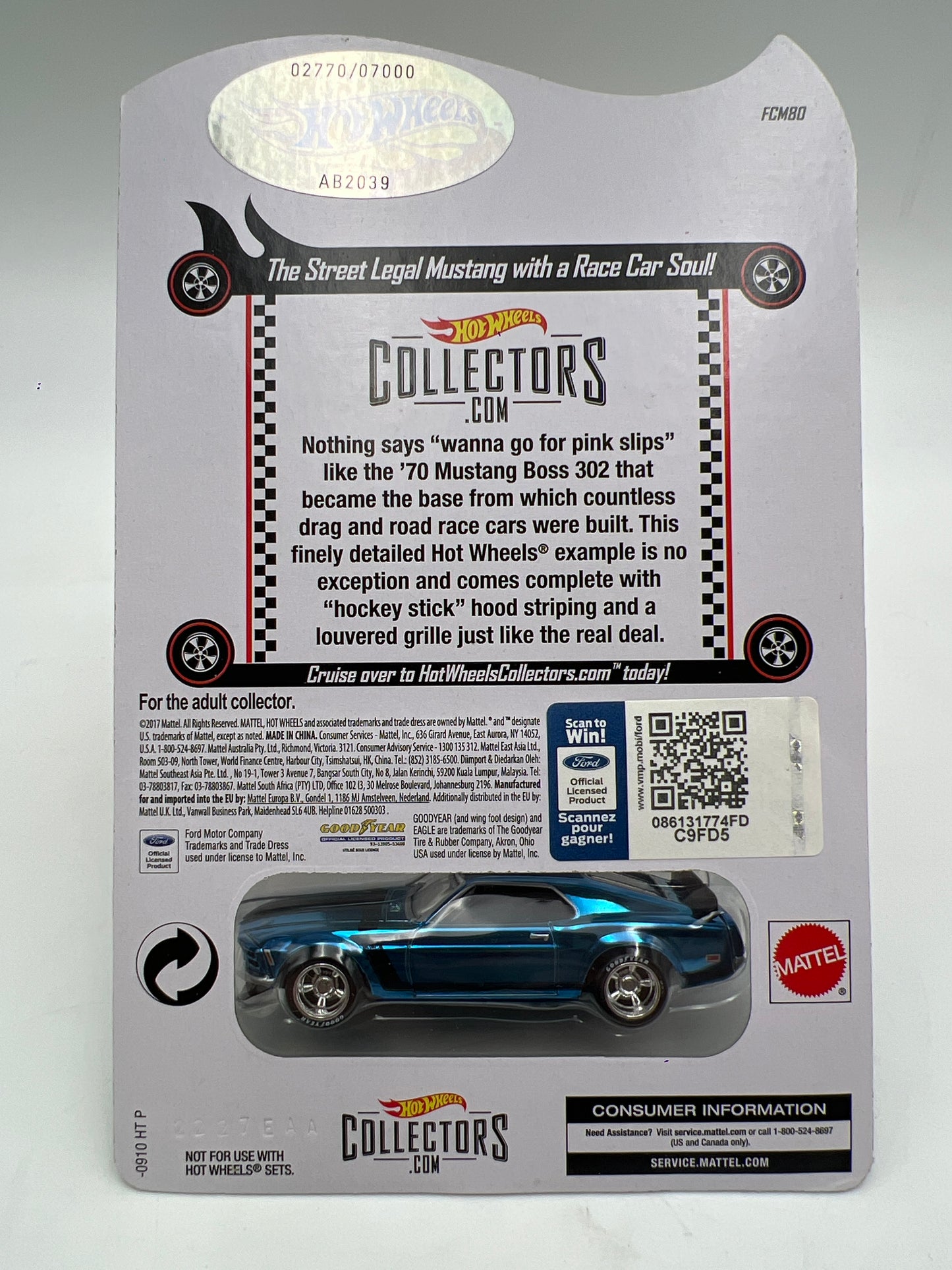 Hot Wheels RLC 1970 Ford Mustang Boss 302 Blue W/Protector