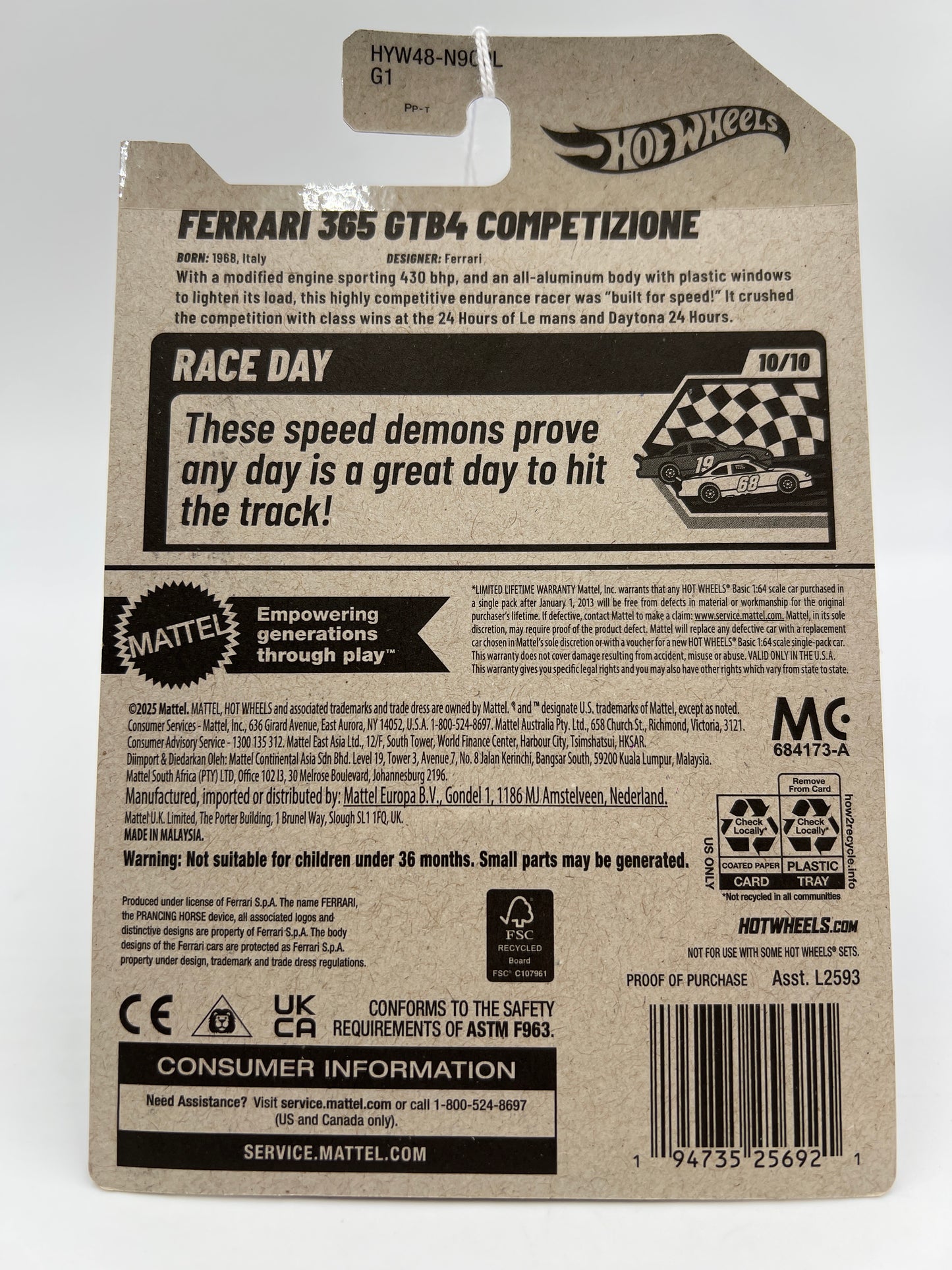 2025 Hot Wheels L Case Race Day #222 Ferrari 365 GTB4 Competizione Red SR