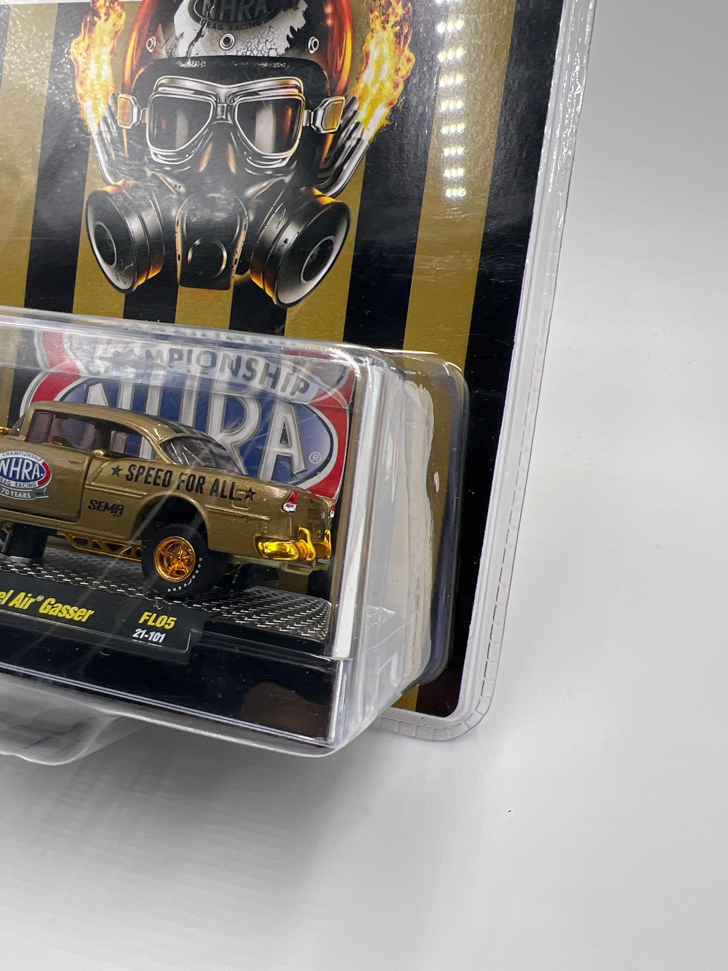 M2 Machines SEMA 2021 CHASE 1/400 NHRA 1955 Chevrolet Bel Air Gasser Gold FL05