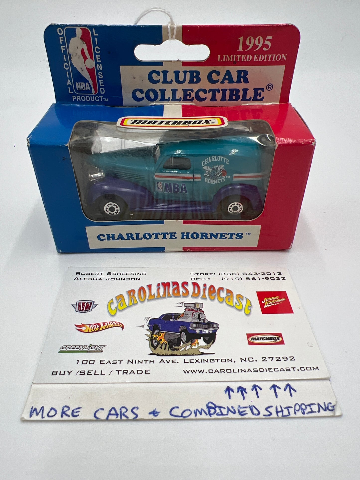 Matchbox 1995 NBA Club Car Collectible MB245 Model 39 Chevy Charlotte Hornets Blue (Cracked Blister)