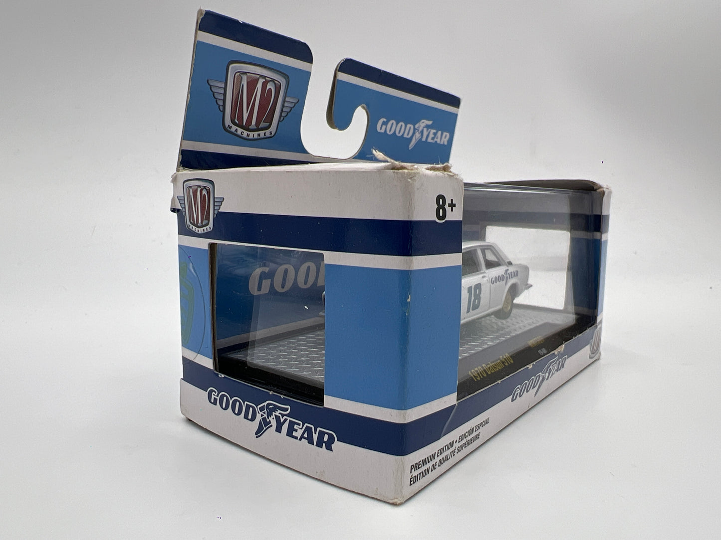 M2 Machines Walmart Exclusive Goodyear 1970 Datsun 510 White WMTS09 Bad Box