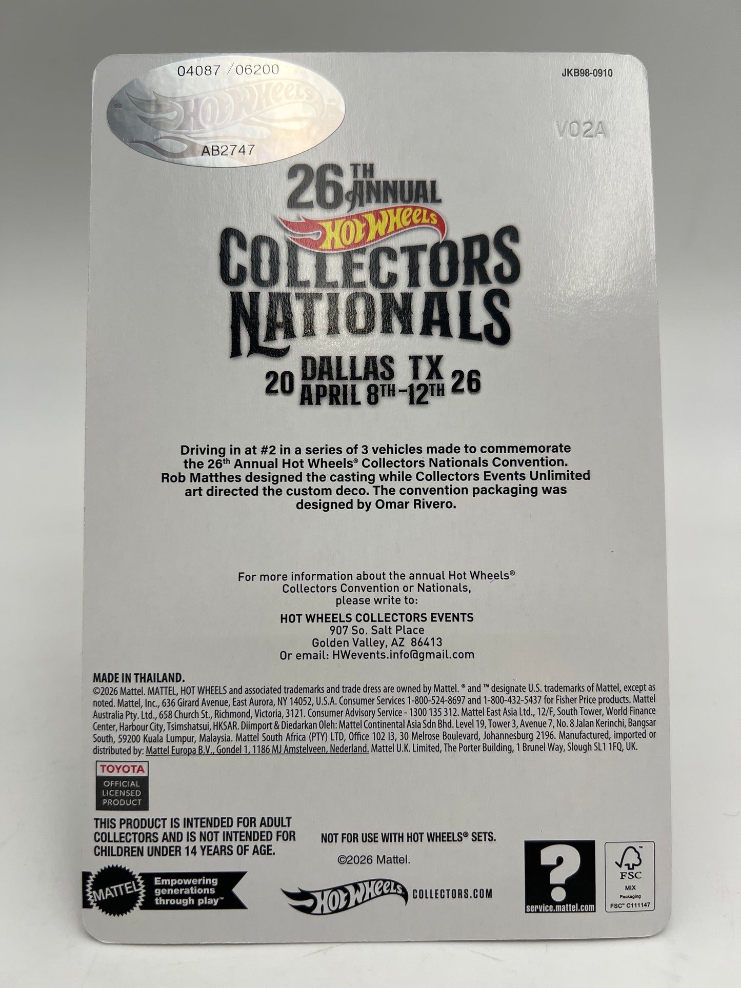 2026 Hot Wheels 26th Annual Collectors Nationals 2024 Toyota Tacoma TRD Pro Blue W/Protector
