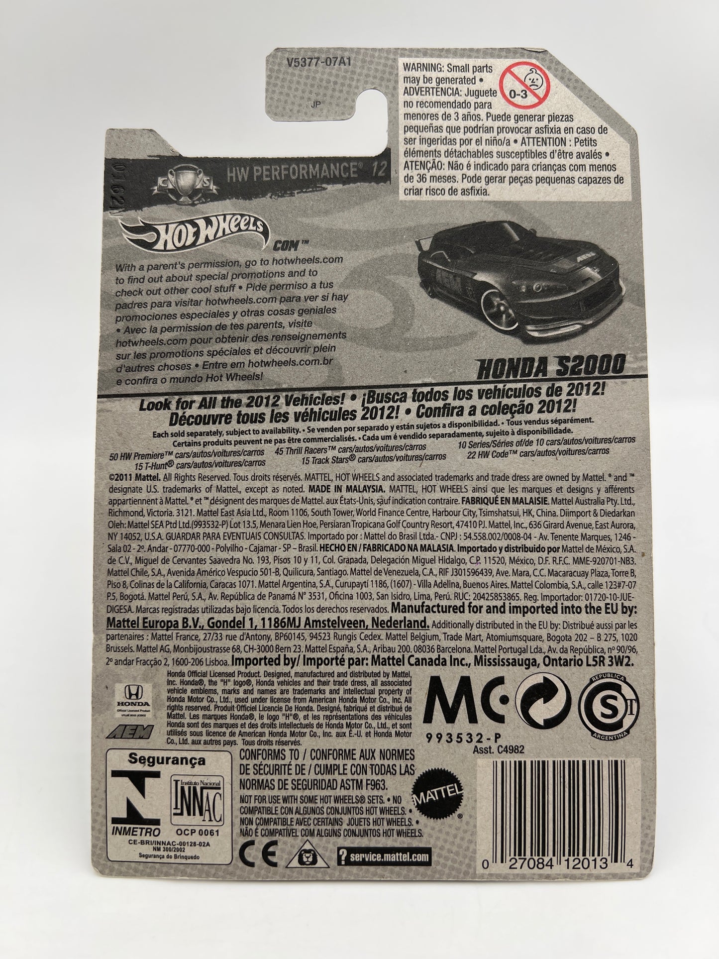 2012 Hot Wheels Super Treasure Hunt #141 Honda S2000 AEM Blue W/Protector International Card