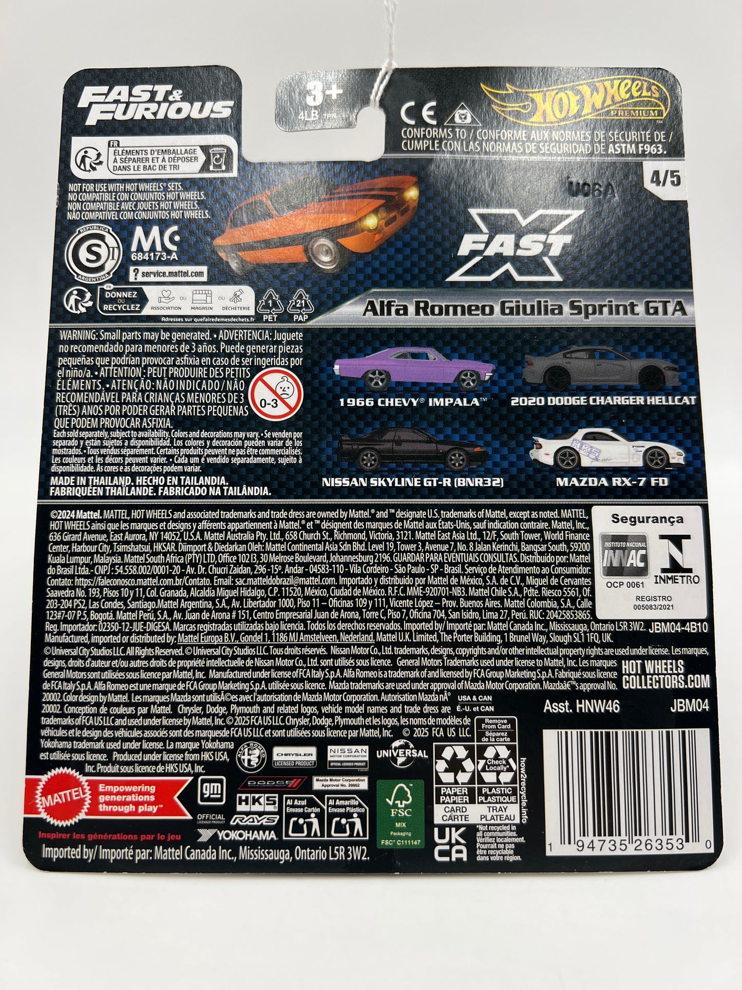 2025 Hot Wheels Premium Fast & Furious #4 Alfa Romeo Giulia Sprint GTA Orange 248B