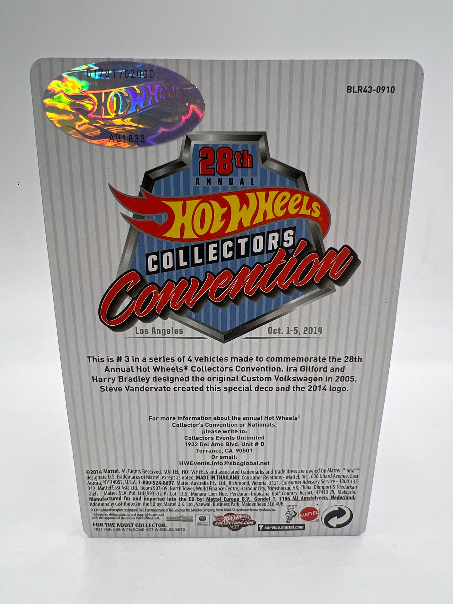 2014 Hot Wheels 28th Annual Collectors Convention LA #1781/2000 Custom Volkswagen Beetle W/Protector