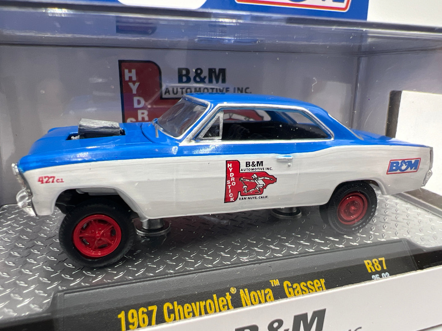2025 M2 Machines Detroit Muscle 1967 Chevrolet Nova Gasser Blue/White B&M R87