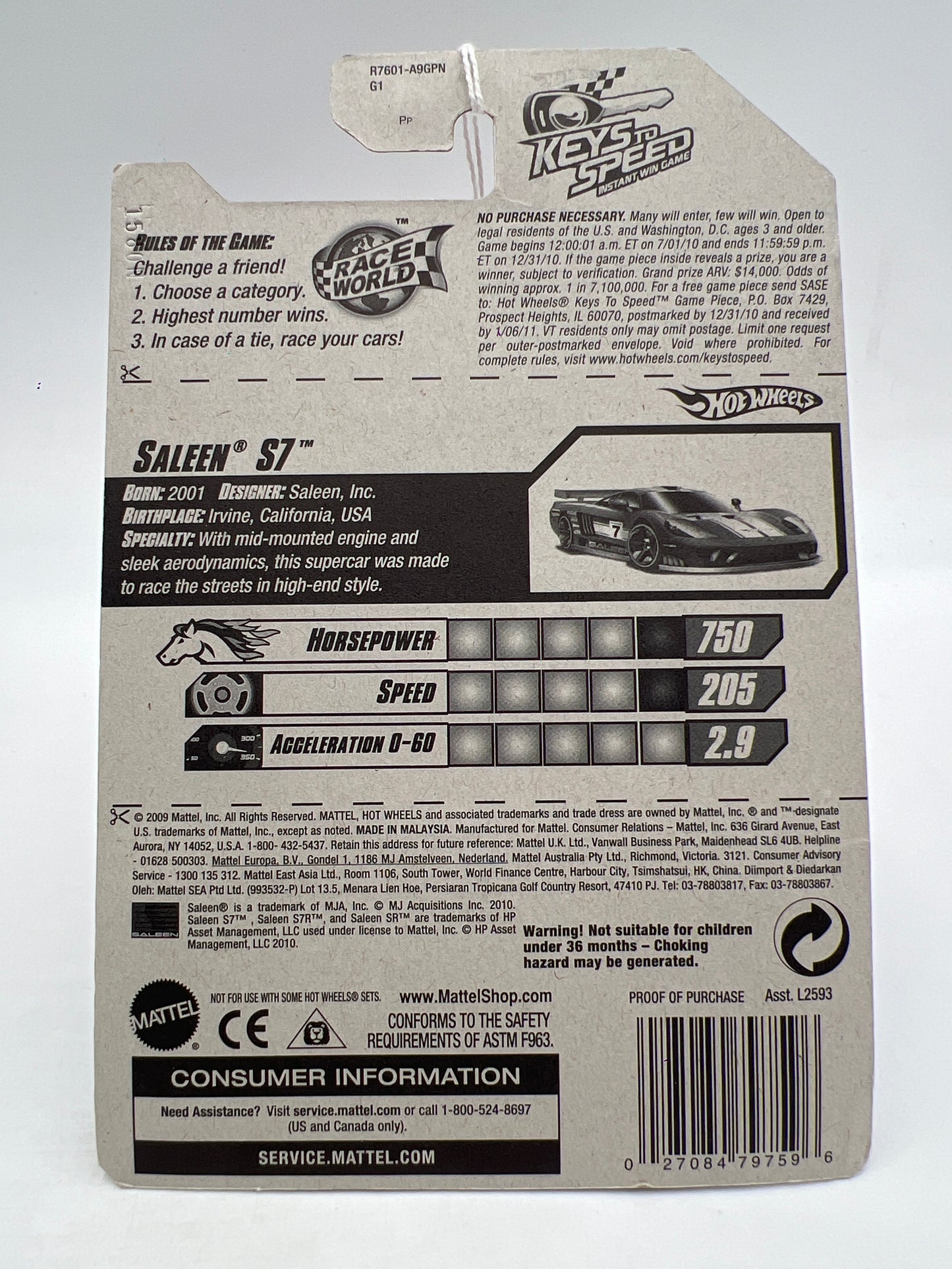 2010 Hot Wheels Race World Speedway #172 Saleen S7 Red Keys To Speed Card