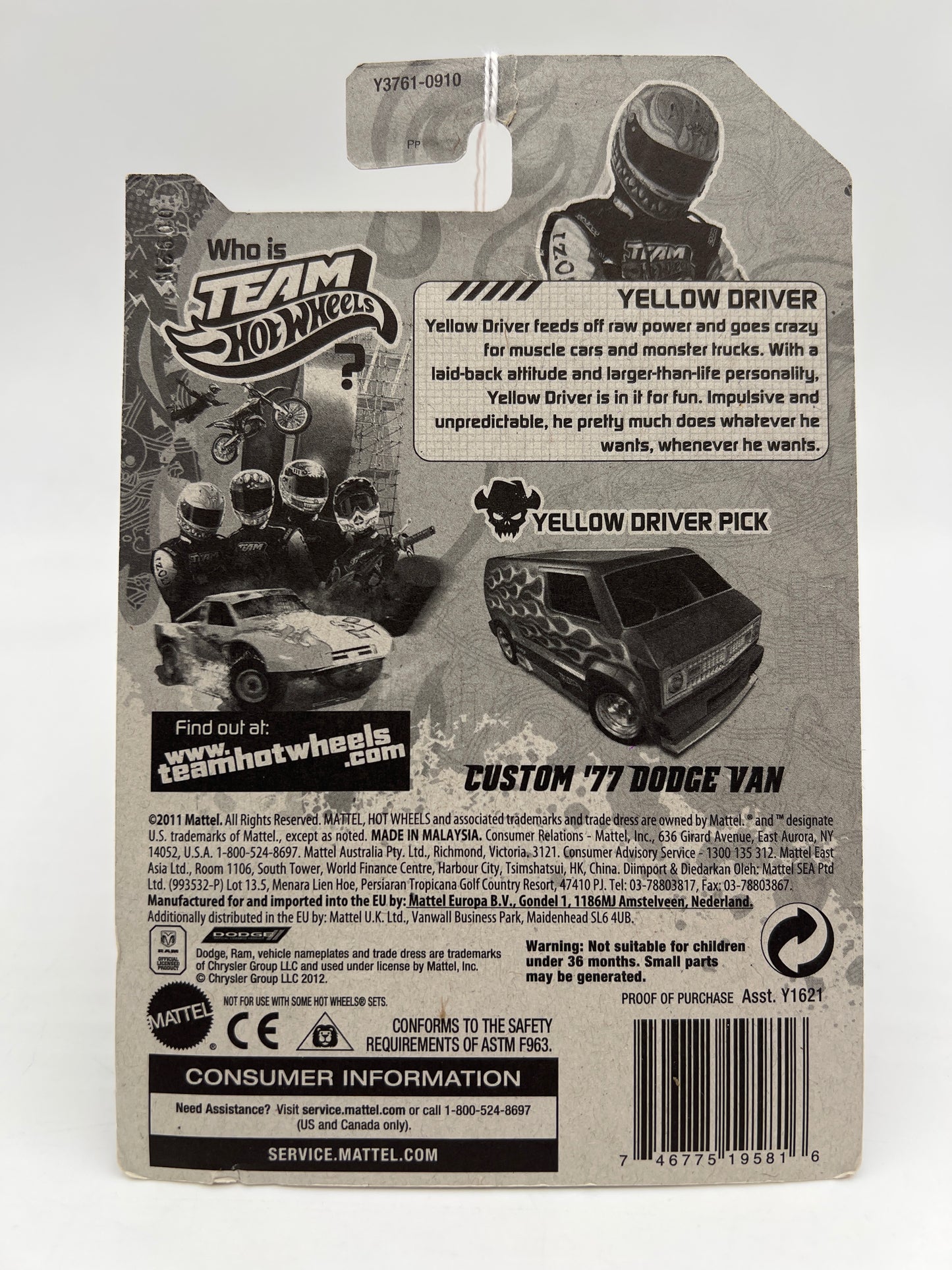 2012 Team Hot Wheels Top Rides Yellow Driver Picks Custom 77 Dodge Van Red 153A