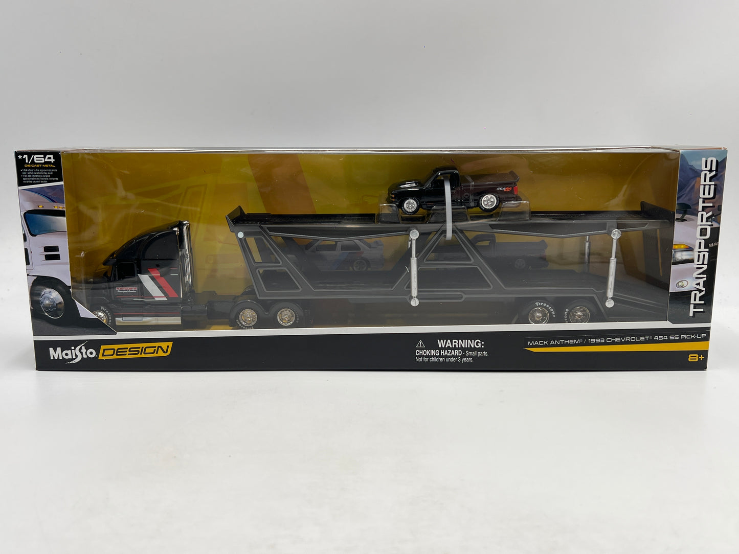 Maisto Design 1/64 Transporters Mack Anthem & 1993 Chevrolet 454 SS Pick-Up Black