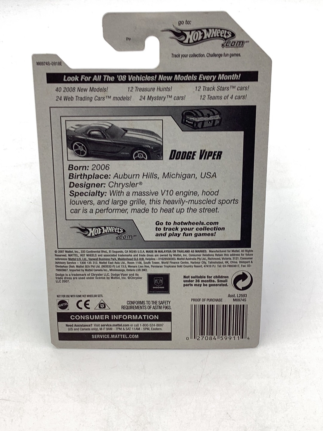 2008 Hot Wheels Super Treasure Hunt #168 Dodge Viper W/Protector