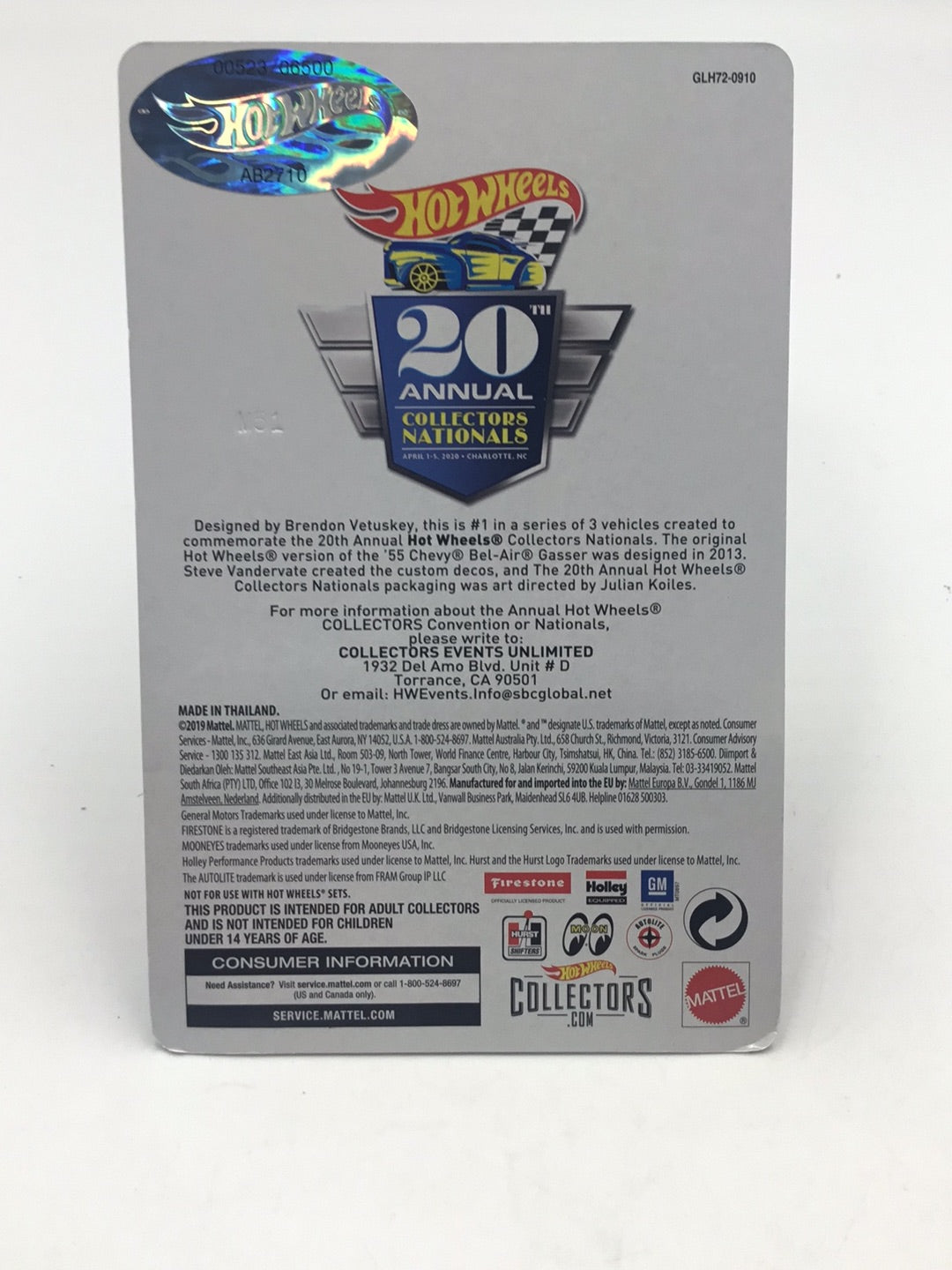 Hot wheels 20th annual collectors Nationals 55 Bel Air Gasser 523/6500 in Protector