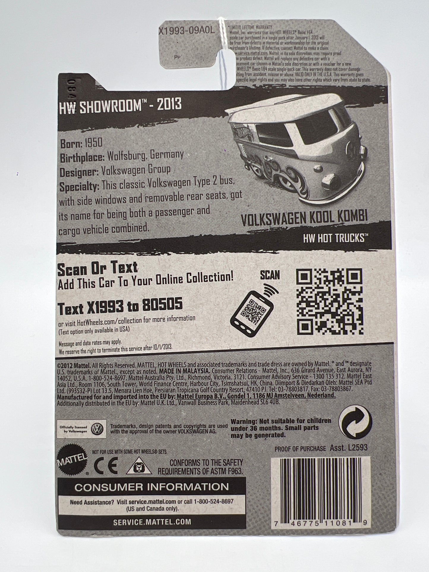 2013 Hot Wheels Showroom #169 Kool Kombi White Blister Not Perfect 97D