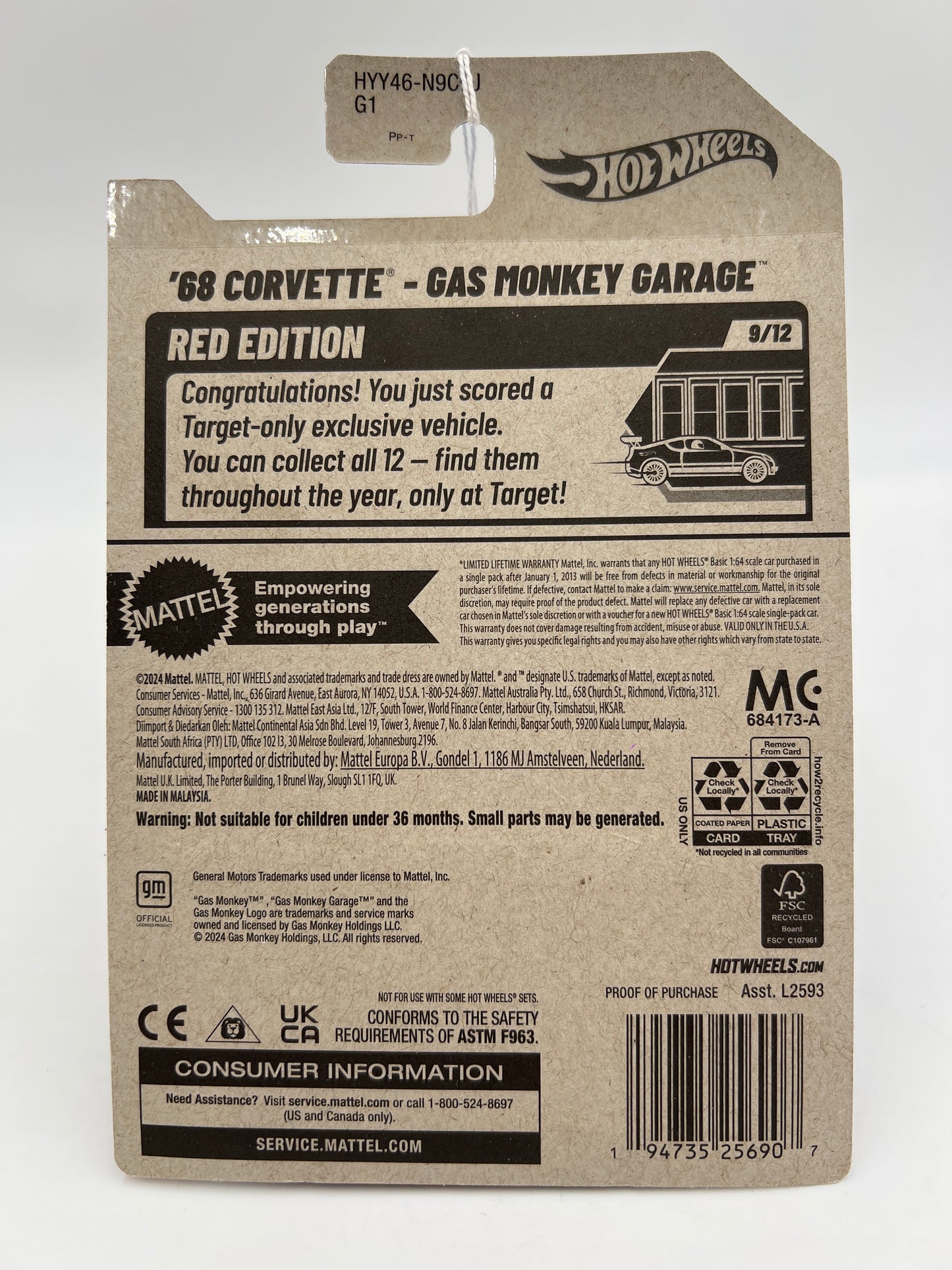 2025 Hot Wheels Target Exclusive Red Edition #134 68 Corvette Gas Monkey Garage White 143C