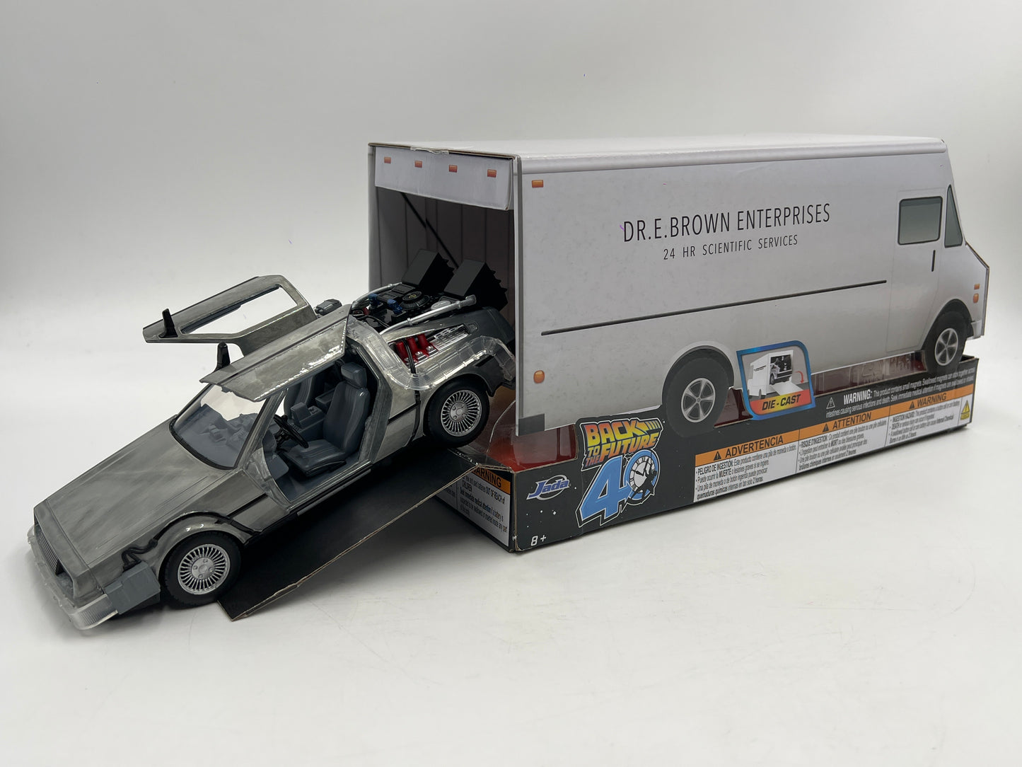 Jada 1/24 Scale Back To The Future 40 Years Edition Time Machine DMC DeLorean W/Lights & Truck Package