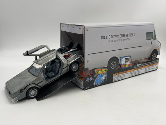 Jada 1/24 Scale Back To The Future 40 Years Edition Time Machine DMC DeLorean W/Lights & Truck Package