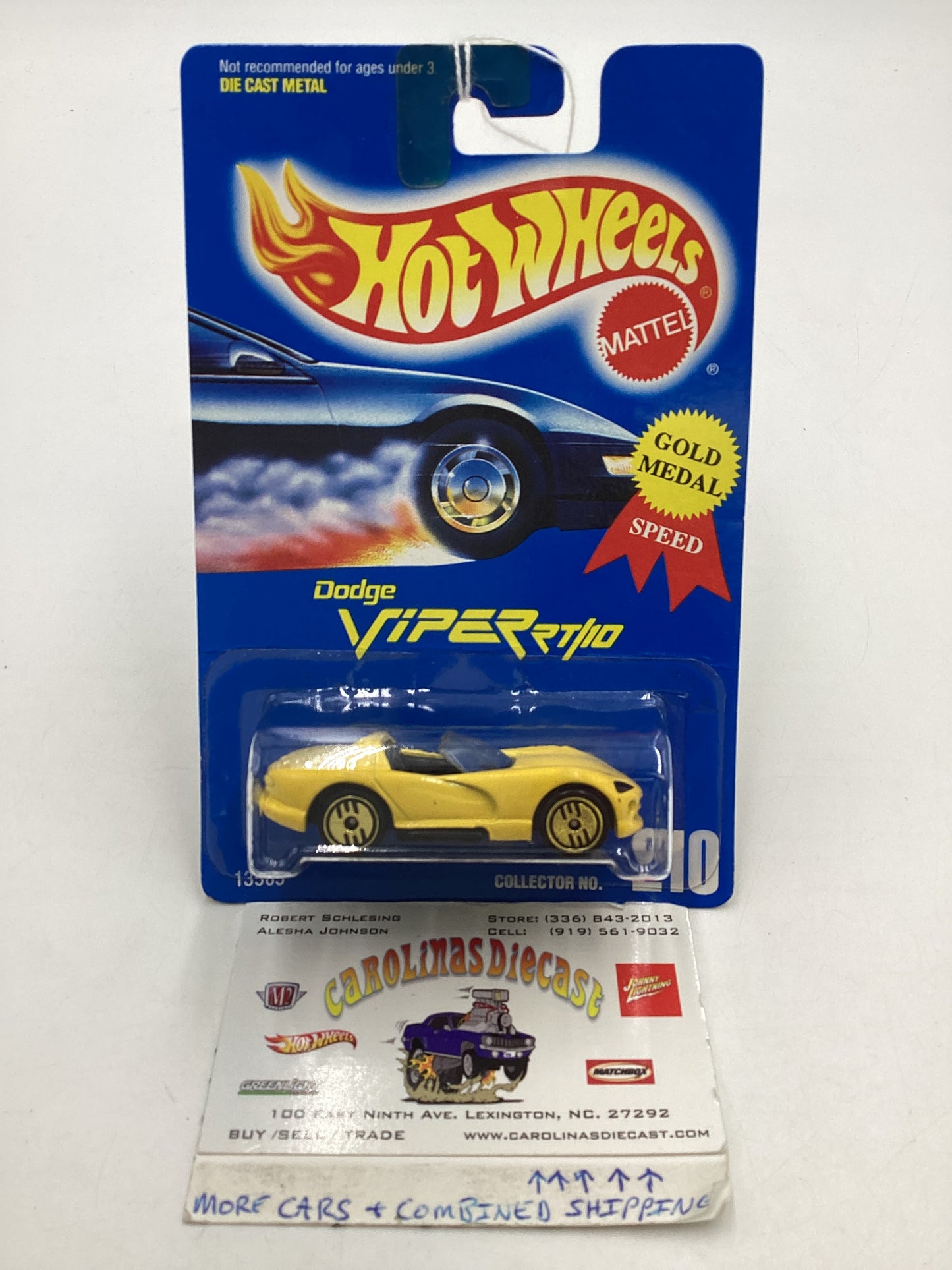 Hot Wheels Blue Card Collector No. 210 Dodge Viper R/T 10 Yellow UH Gold Wheels 240D