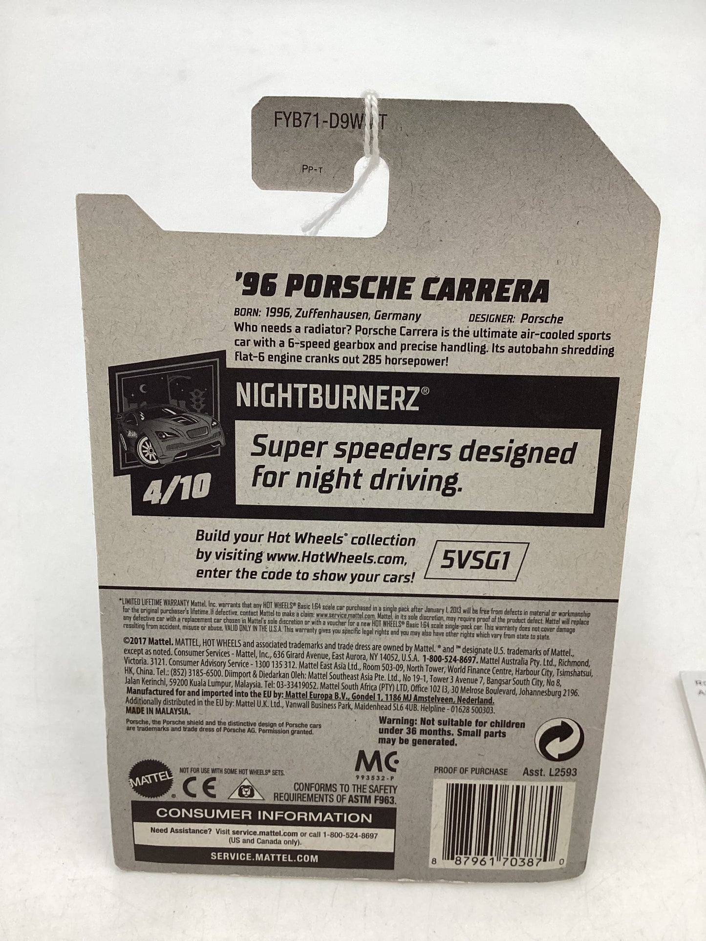 2019 Hot Wheels #155 ‘96 Porsche Carrera White Month Card 100C