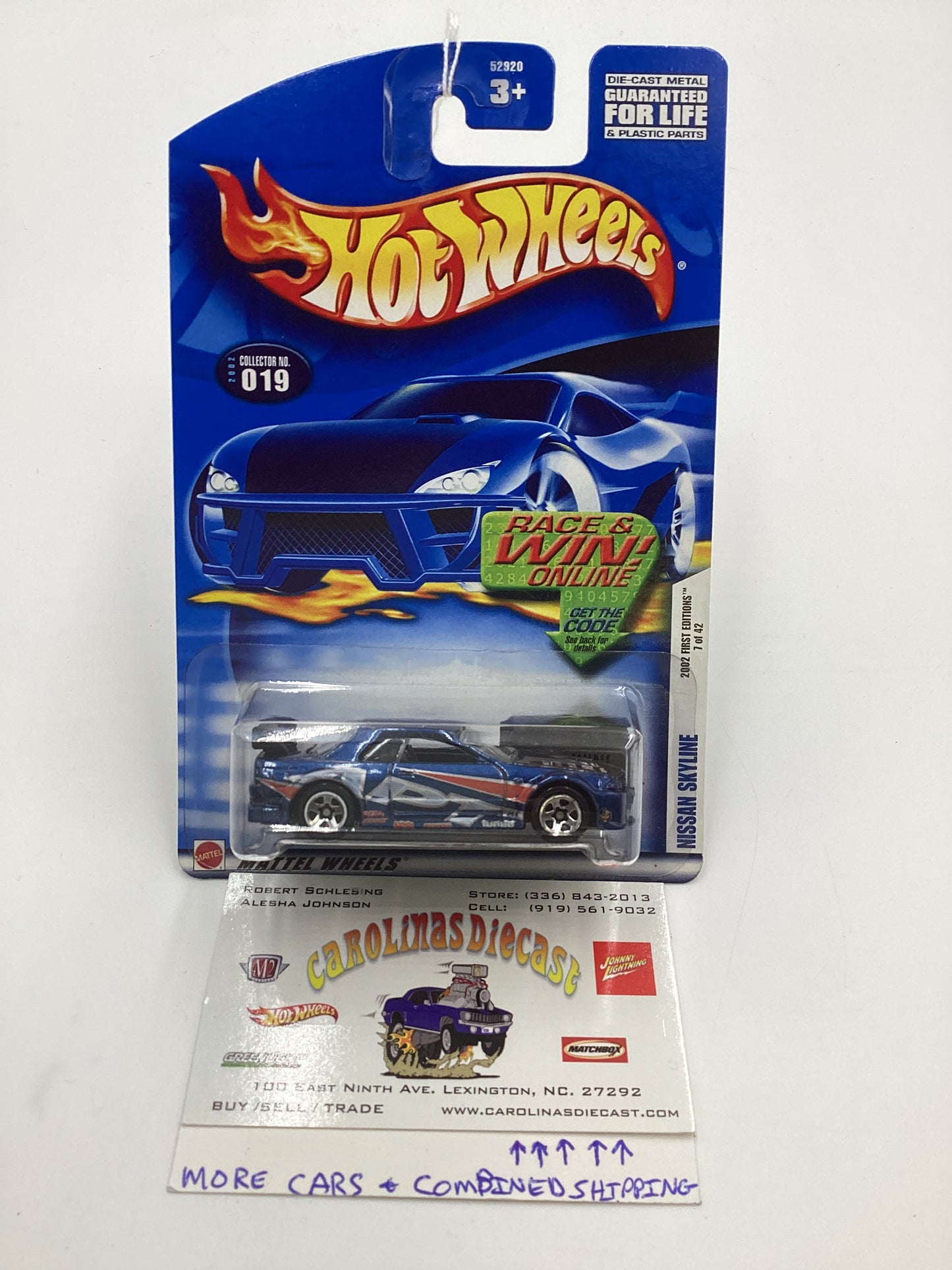 2002 Hot Wheels First Editions Collector #019 Nissan Skyline Blue 5SP Wheels Race and Win Card SR