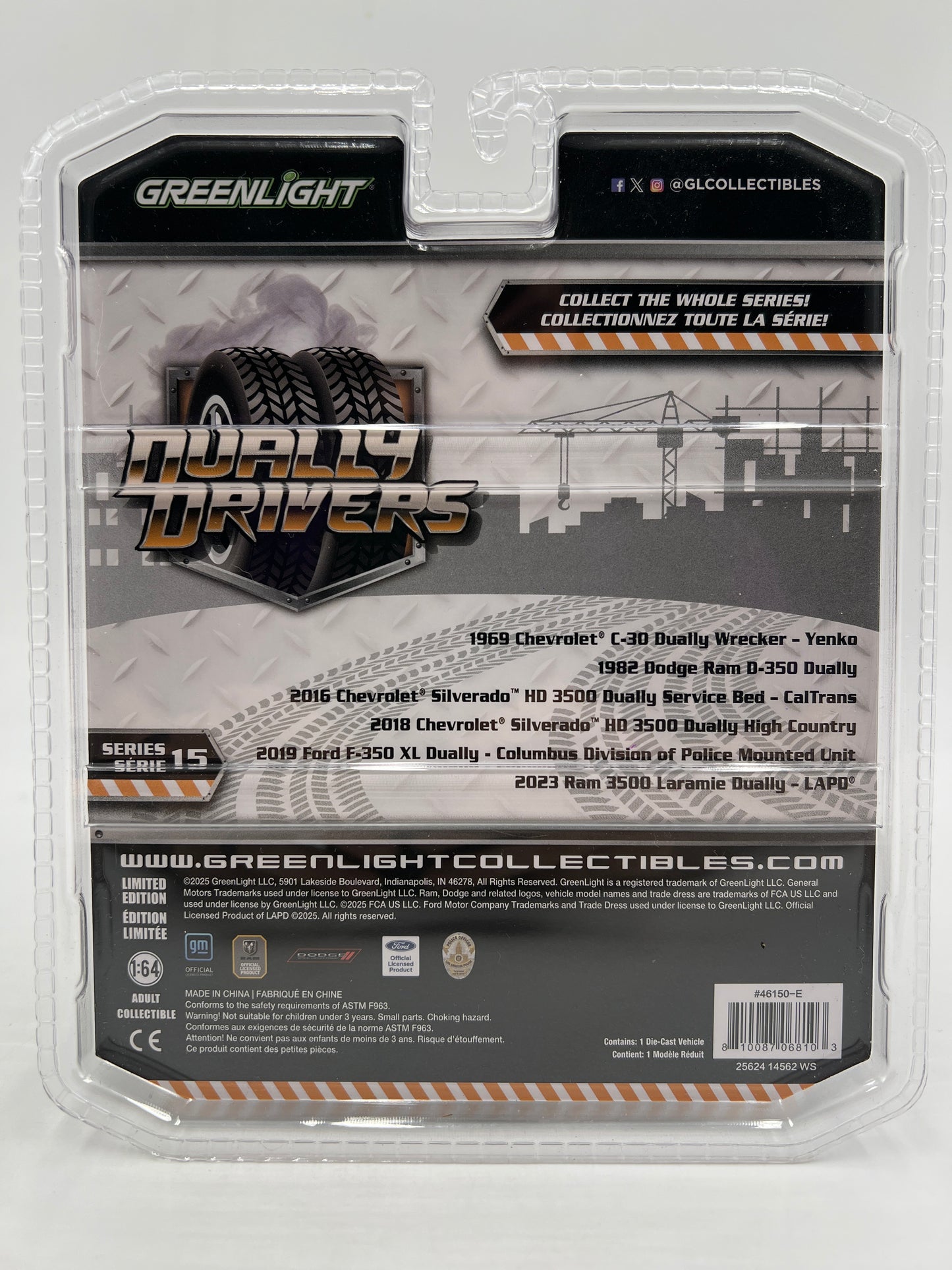 Greenlight Dually Drivers Series 15 CHASE 2019 Ford F-350 XL Dually Columbus Division of Police Mounted Unit Chrome Green