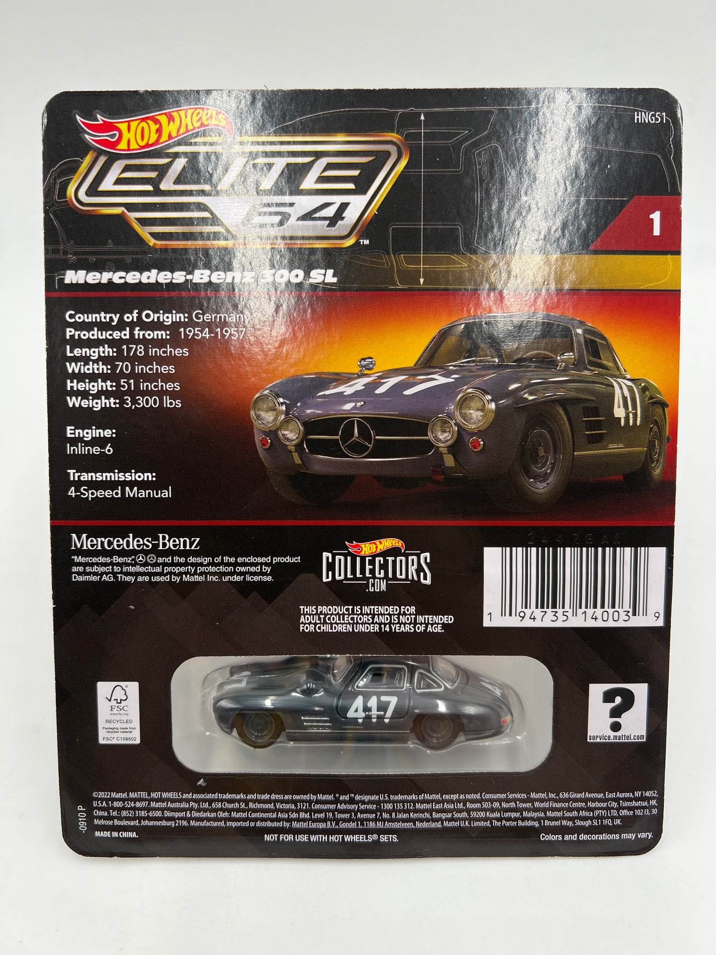 Hot Wheels RLC Elite 64 #1 Mercedes-Benz 300 SL Gray W/Protector