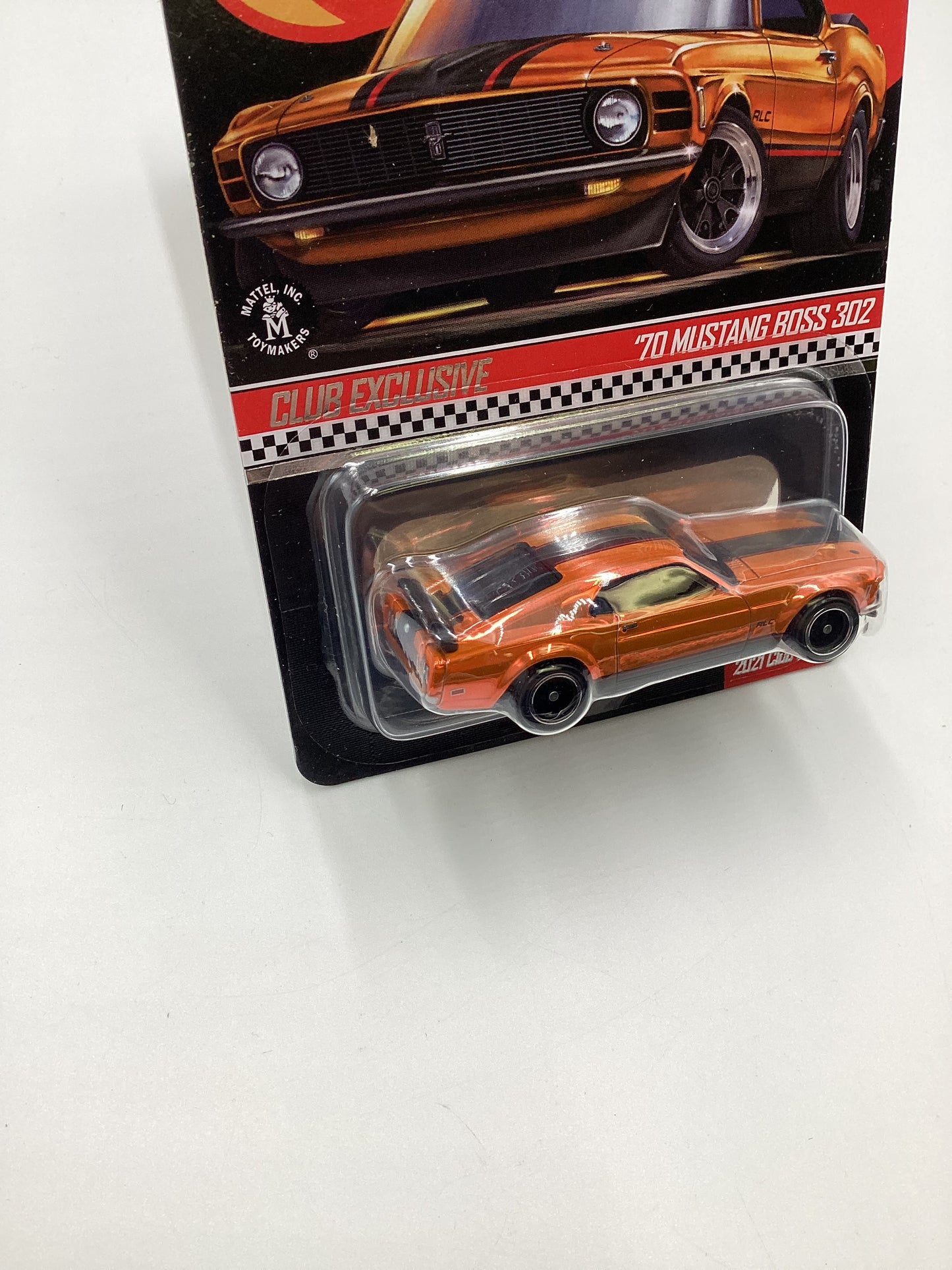 2021 Hot Wheels RLC 70 Mustang Boss 302 Boss Orange Club car with patch and button with protector