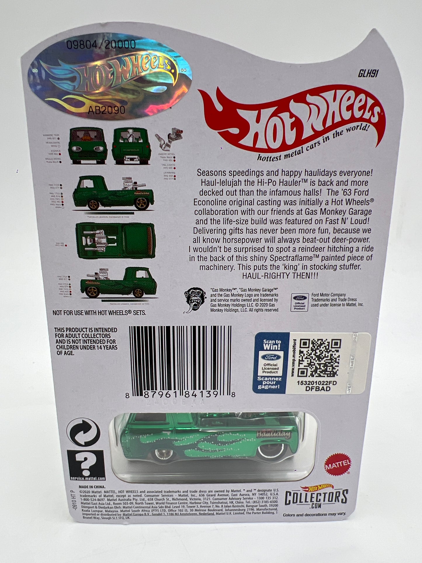 2020 Hot Wheels RLC Holiday Car Hi-Po Hauler Green Gas Monkey W/Protector