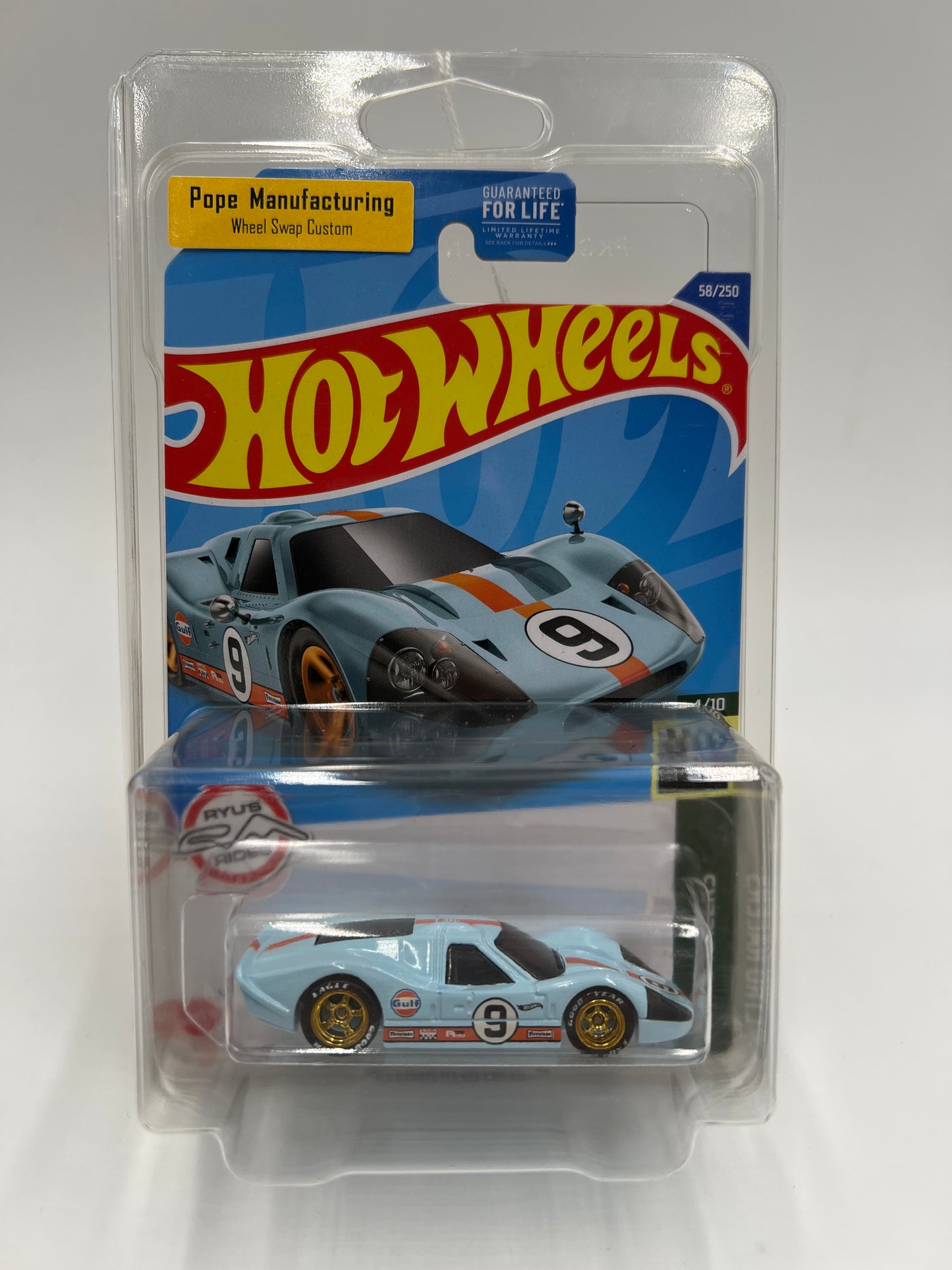Hot Wheels 67 Ford GT40 Mk.IV Gulf Blue Wheel Swap Custom On Card W/Protector SR