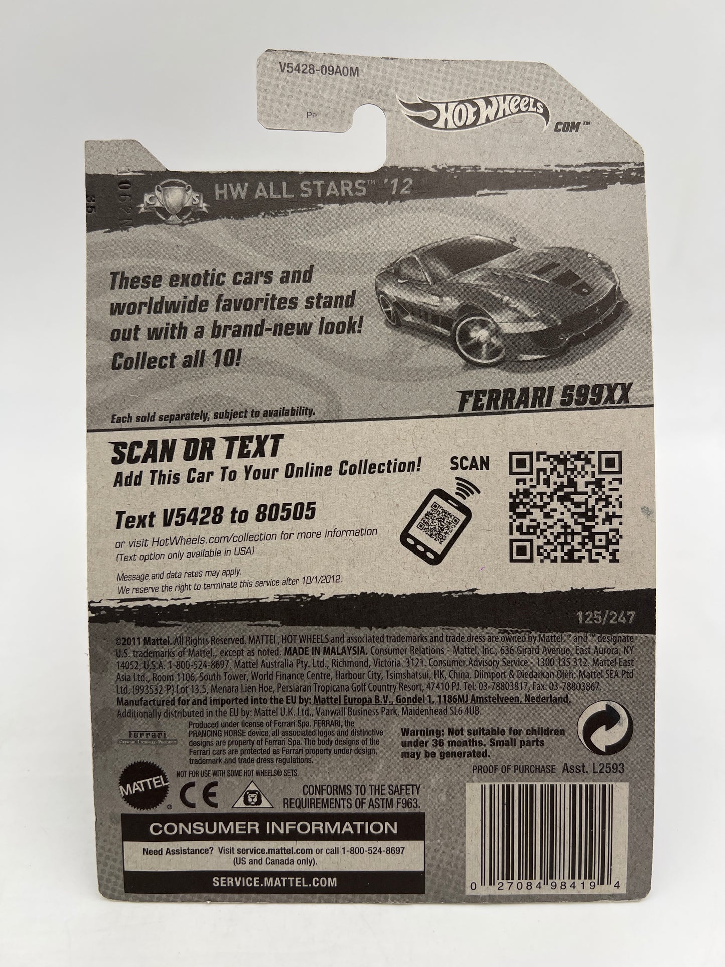 2012 Hot Wheels All Stars #125 Ferrari 599XX Red W/Protector 3