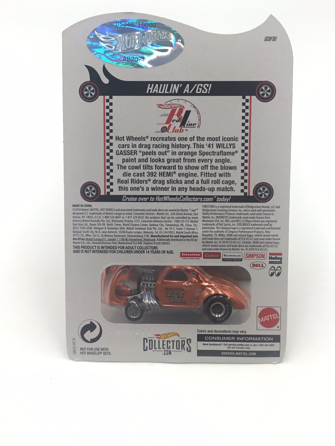 Hot wheels redline club 41 Willys Gasser 5345/10000 with protector