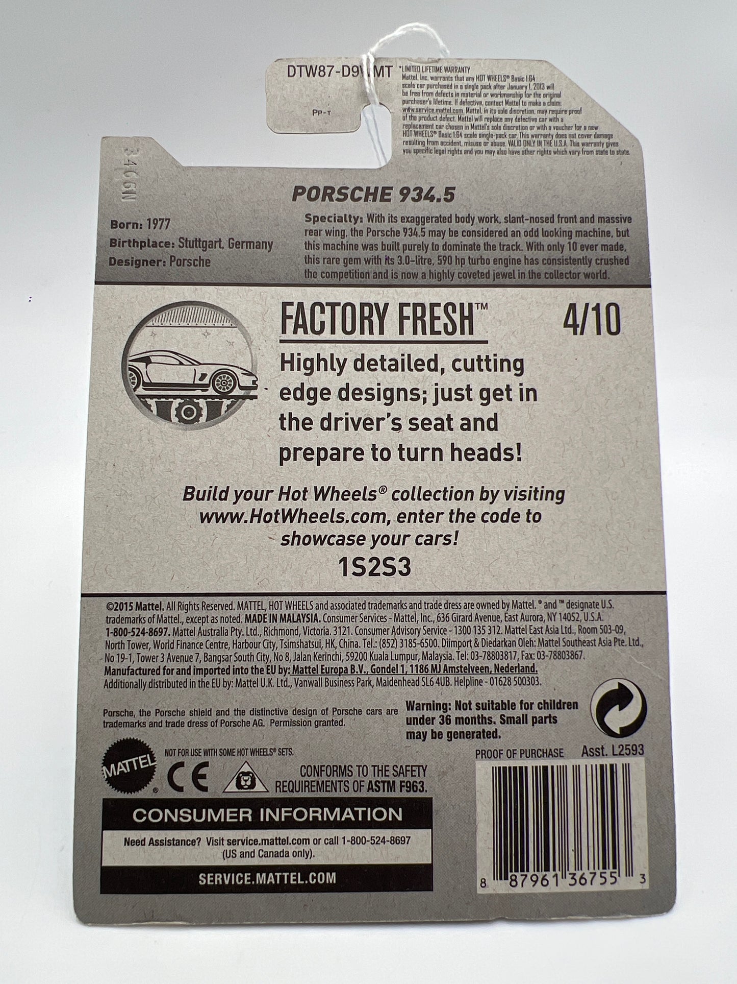 2017 Hot Wheels Factory Fresh #153 Porsche 934.5 White 100B