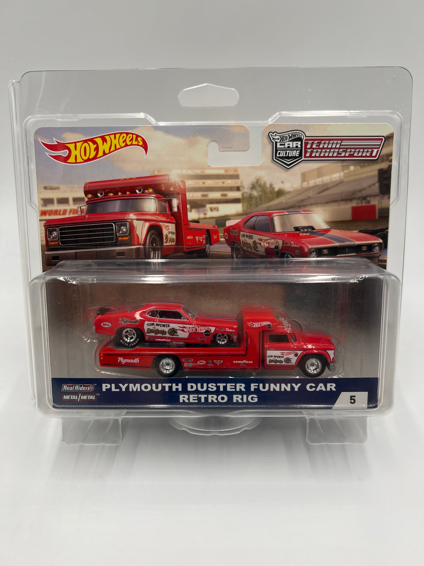 Hot Wheels Car Culture Team Transport #5 Plymouth Duster Funny Car Mongoose & Retro Rig W/Protector
