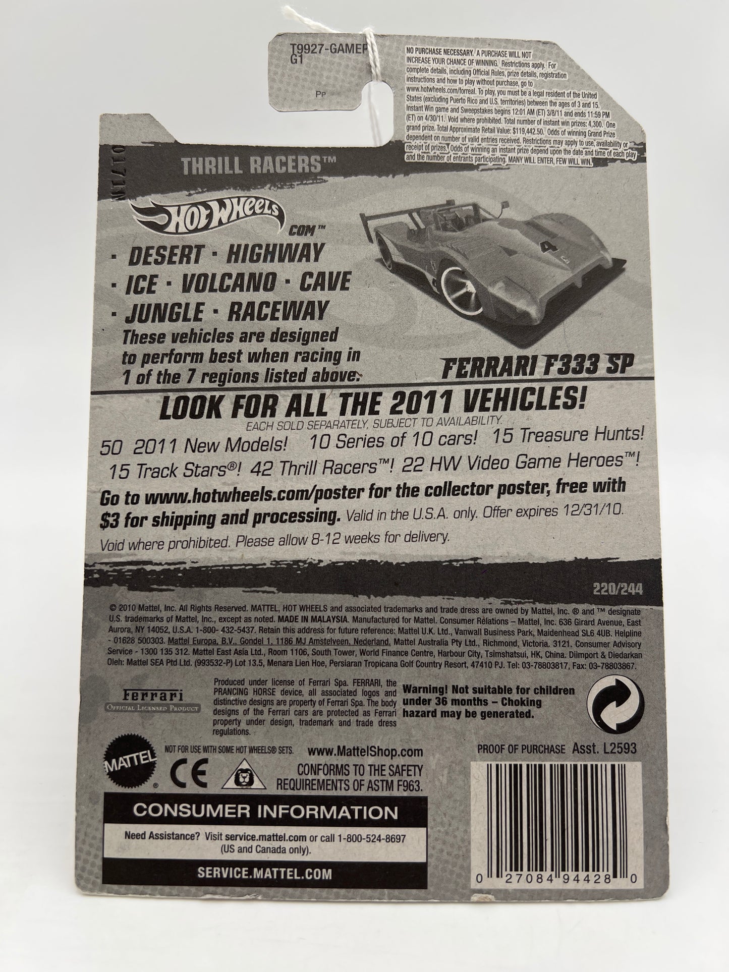 2011 Hot Wheels Thrill Racers Raceway #220 Ferrari F333 SP Red W/License Plate SR