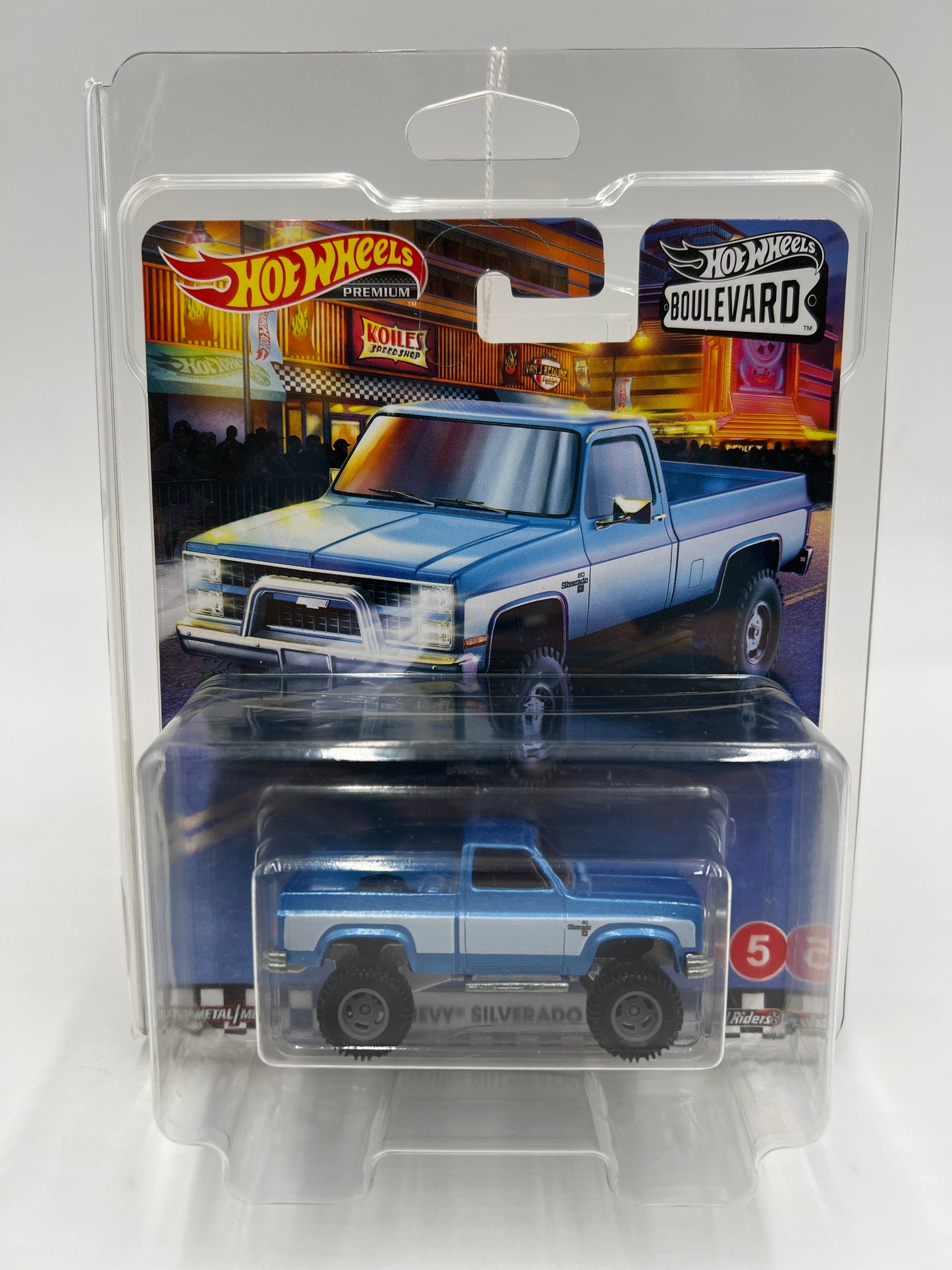 Hot Wheels Premium Boulevard #5 83 Chevy Silverado 4x4 Blue W/Protector Partial Reglue Blister