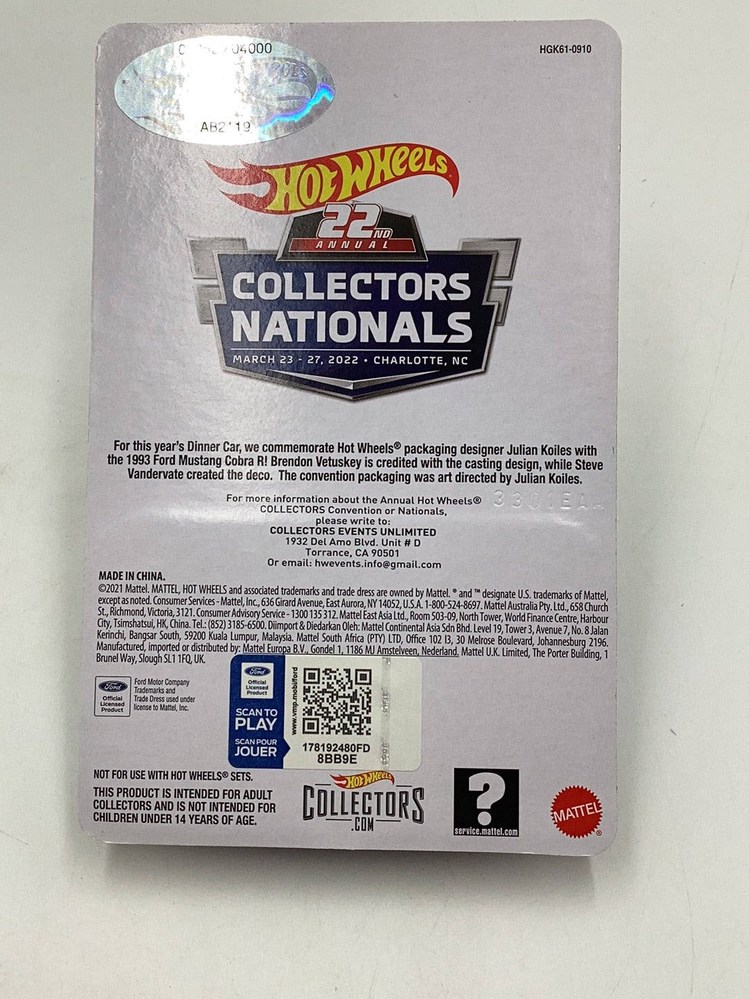 Hot wheels 22nd annual collectors Nationals dinner car 1993 Ford Mustang cobra r #952/4000