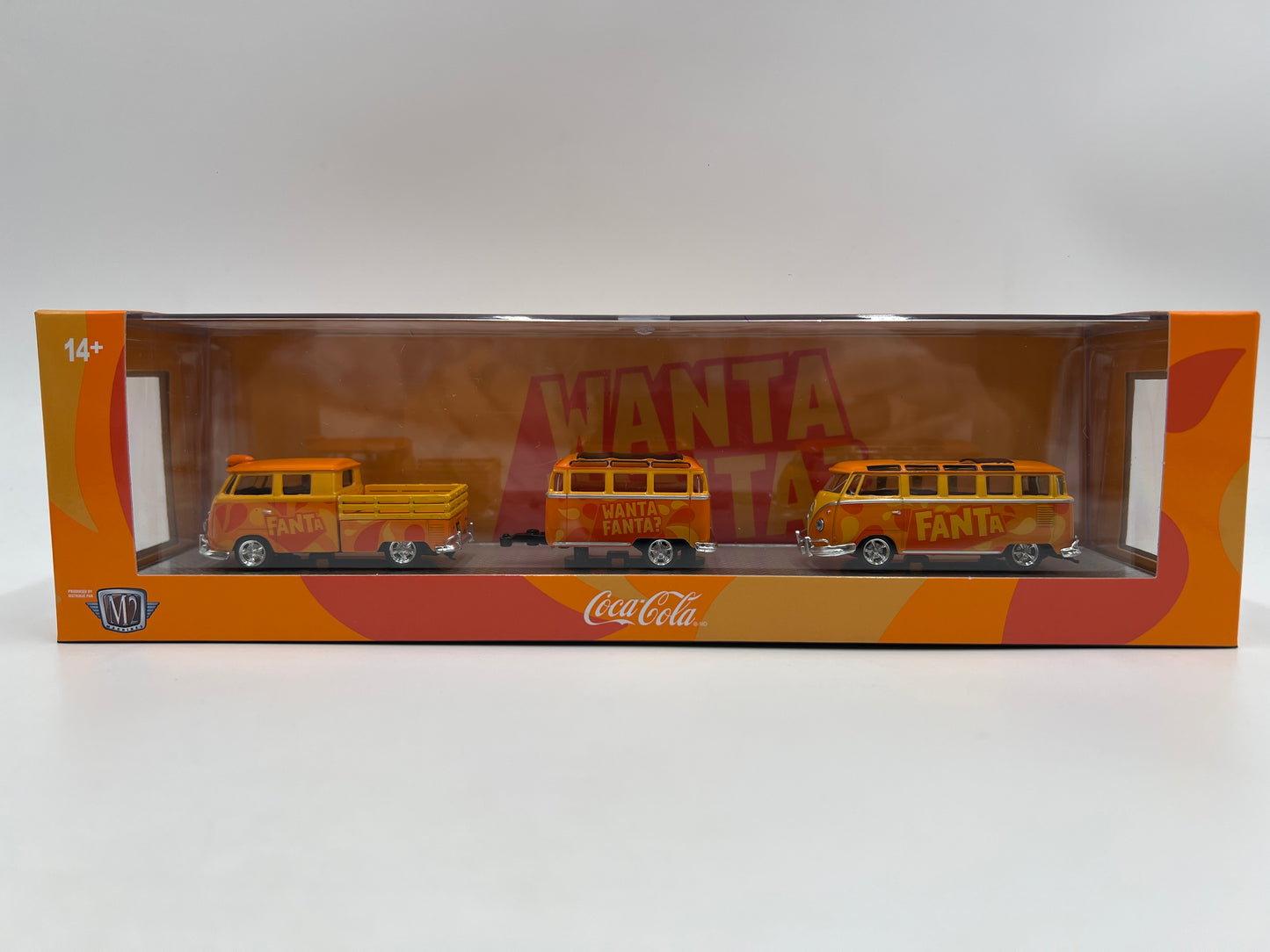 2025 M2 Machines Auto Haulers Coca Cola Fanta 1960 VW Double Cab Truck & 1960 VW 15 Window Bus TW40