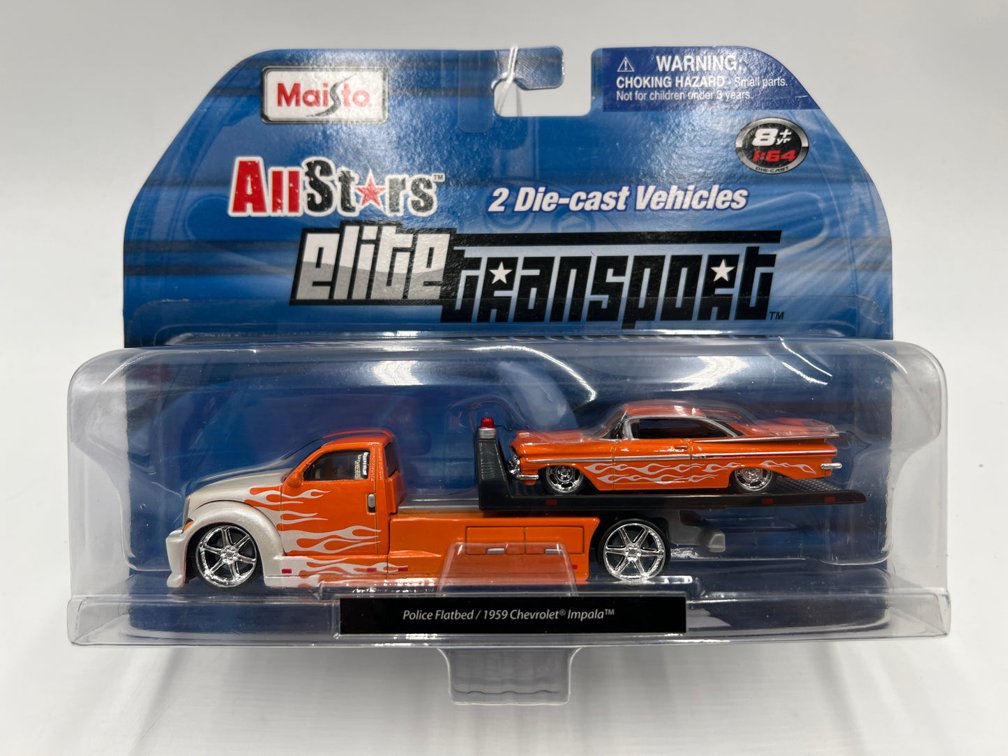 Maisto 1/64 All Stars Elite Transport Police Flatbed & 1959 Chevrolet Impala Orange Loose Blister