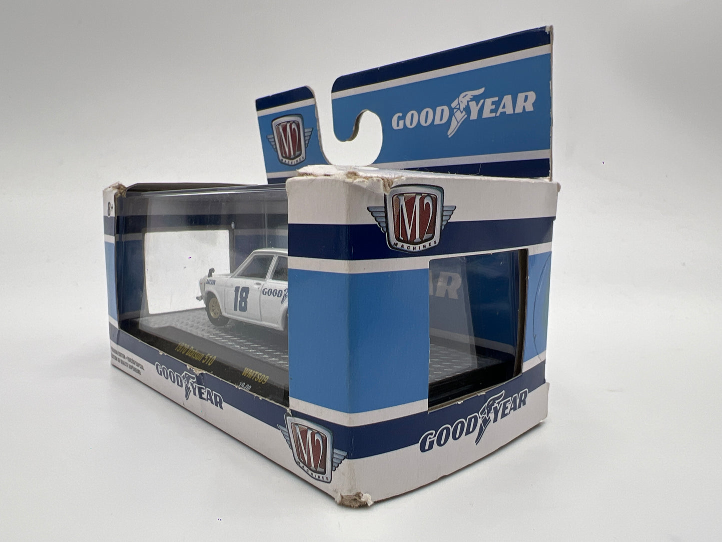 M2 Machines Walmart Exclusive Goodyear 1970 Datsun 510 White WMTS09 Bad Box