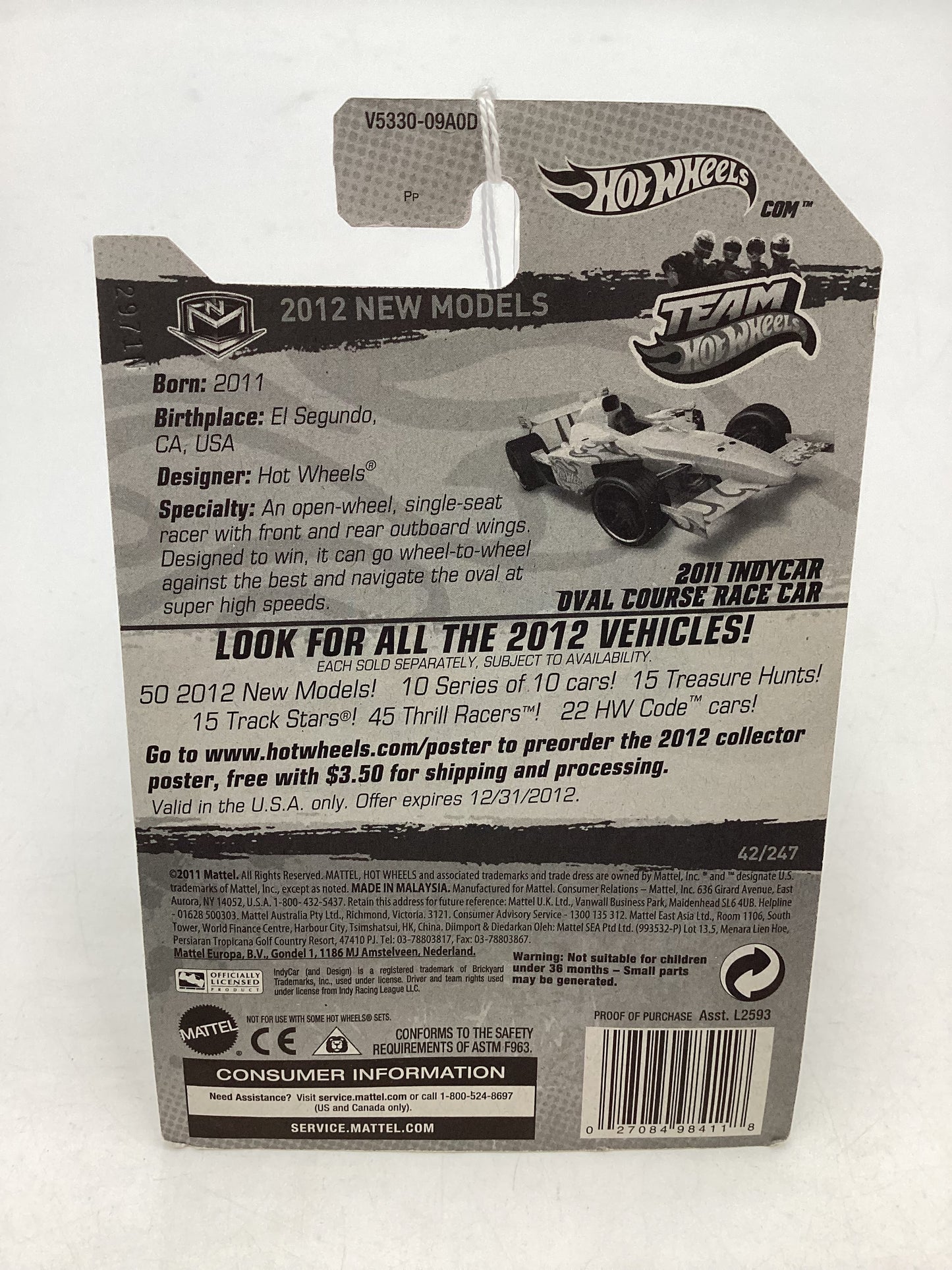 2012 Hot Wheels #42 2011 IndyCar Oval Course Race Car White 50E