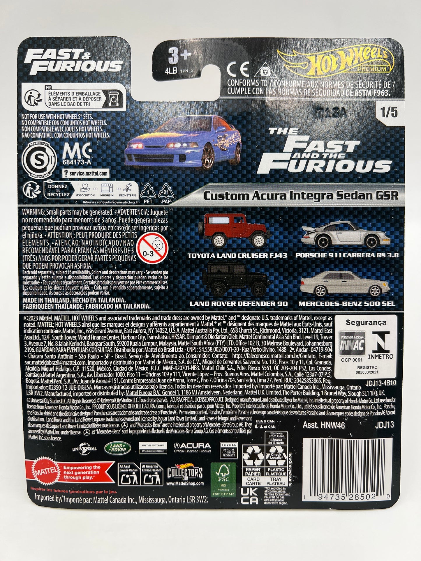 Hot Wheels Gold Label Premium Fast & Furious #1 Custom Acura Integra Sedan GSR Blue 249F