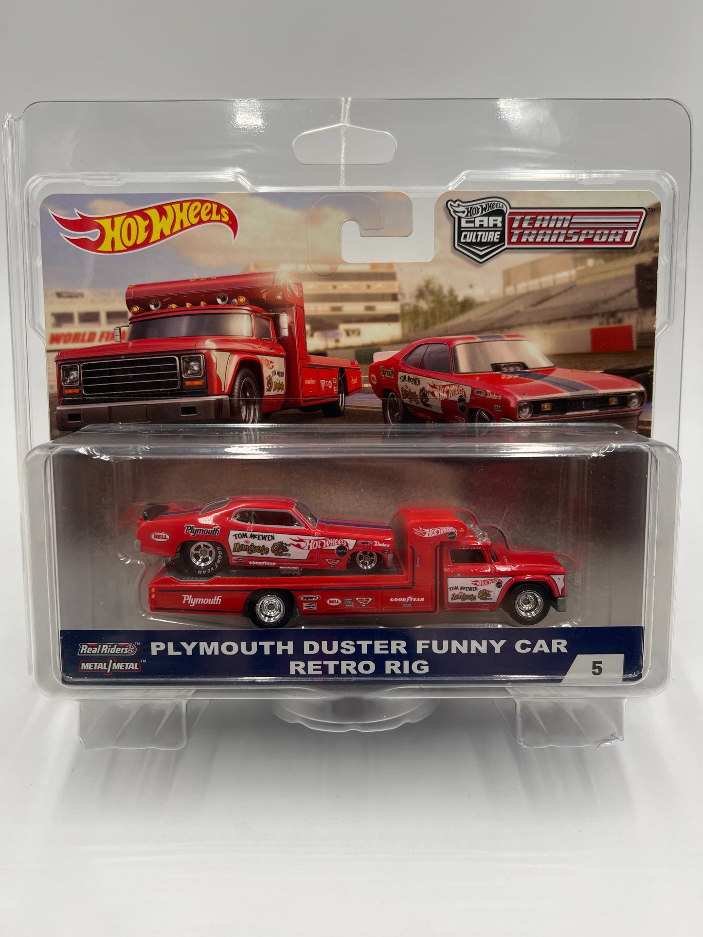 Hot Wheels Car Culture Team Transport #5 Plymouth Duster Funny Car Mongoose & Retro Rig W/Protector