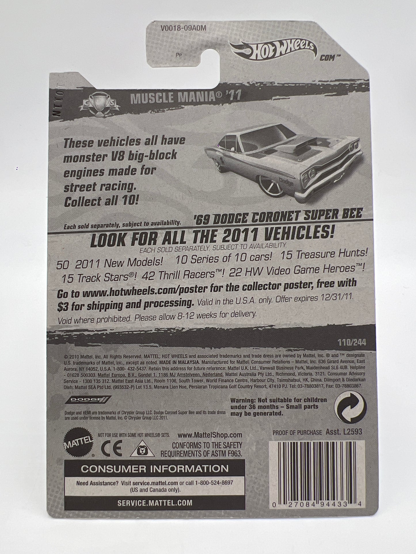 2011 Hot Wheels Toys R Us Exclusive Factory Sealed #110 69 Dodge Coronet Super Bee Blue W/Protector