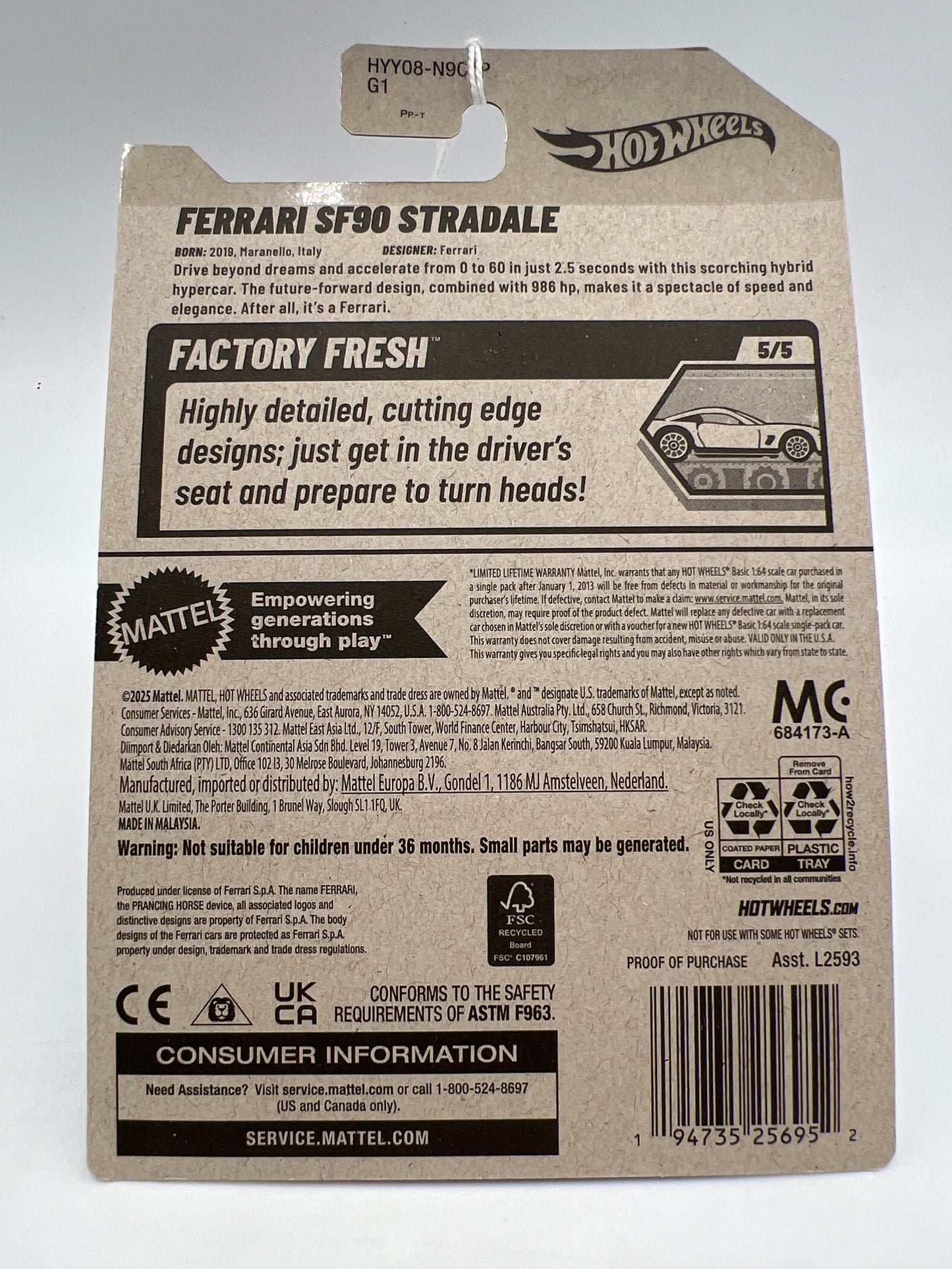 2025 Hot Wheels P Case Factory Fresh #191 Ferrari SF90 Stradale Gray SR