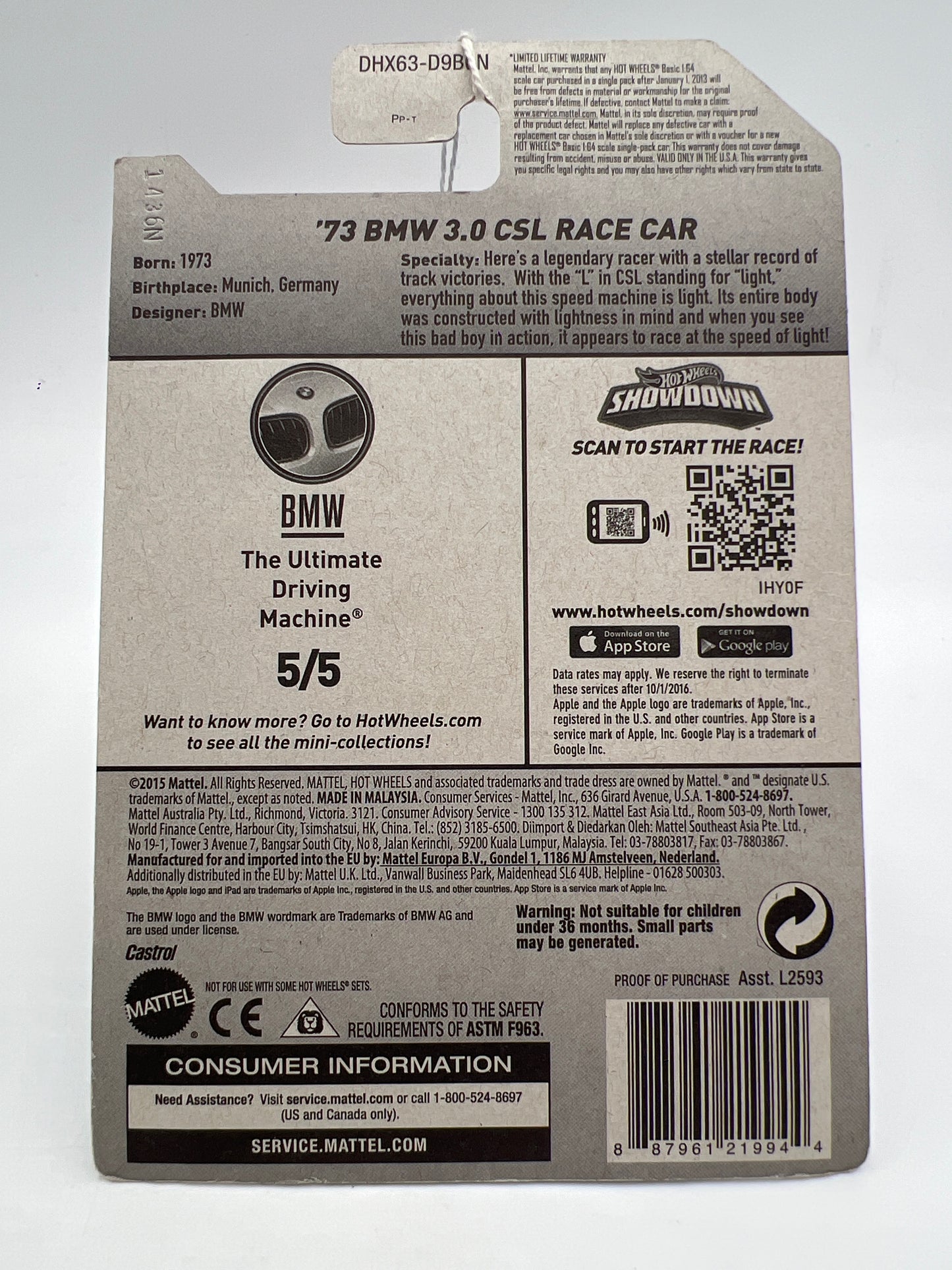 2016 Hot Wheels BMW #190 73 BMW 3.0 CSL Race Car Black 104C