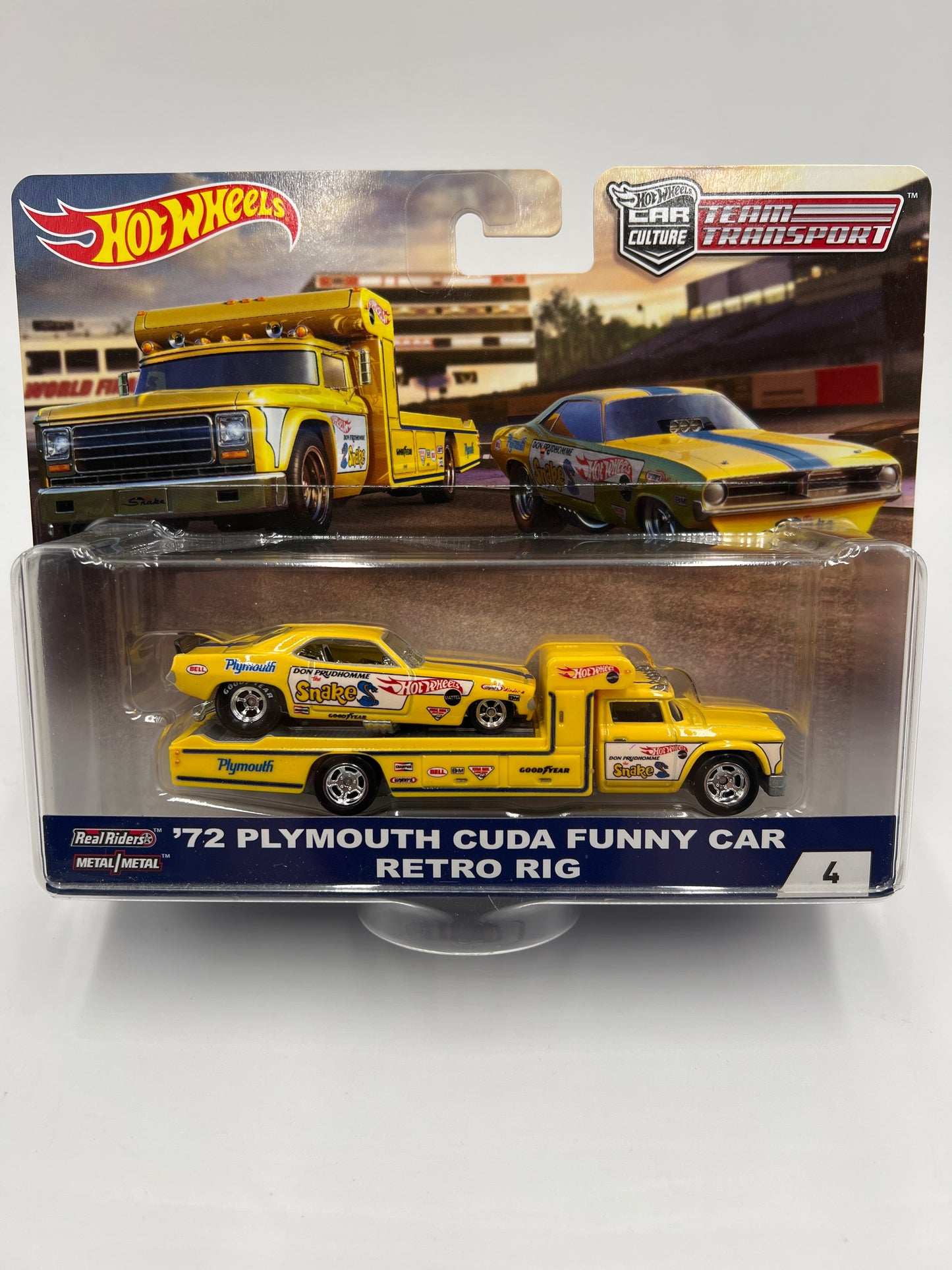 Hot Wheels Car Culture Team Transport #4 72 Plymouth Cuda Funny Car Snake & Retro Rig W/Protector