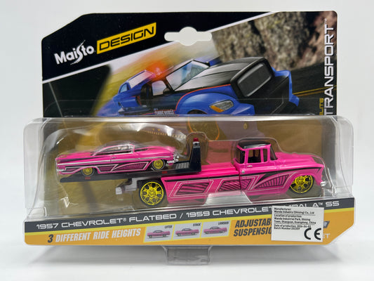 Maisto Design 1/64 Elite Transport 1957 Chevrolet Flatbed & 1959 Impala SS Pink
