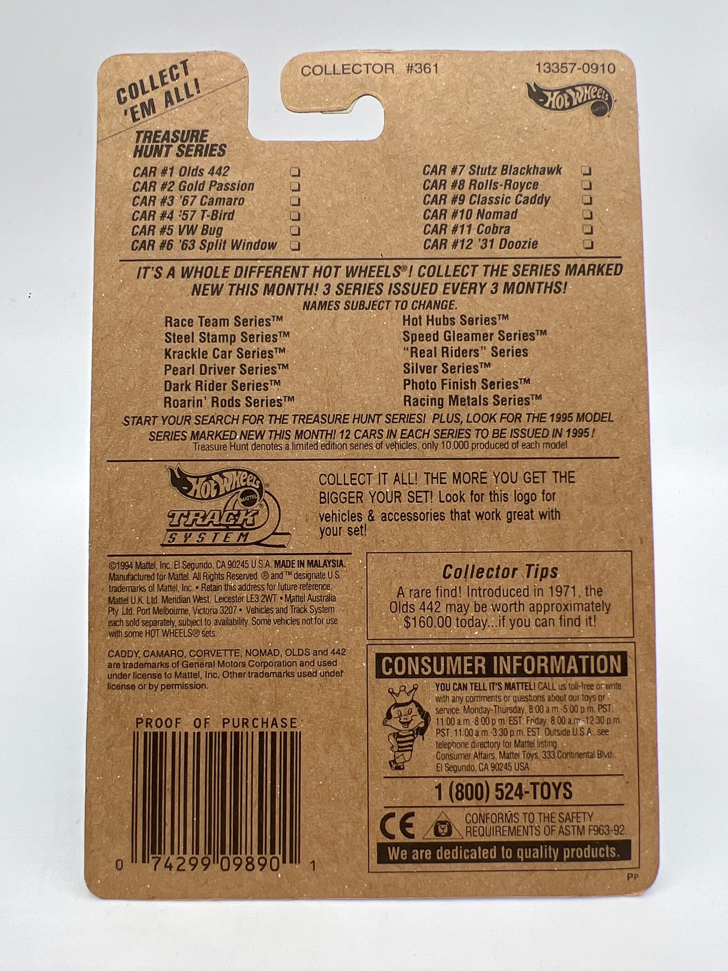 1995 Hot Wheels Treasure Hunt Series #9 Classic Caddy Green W/Protector