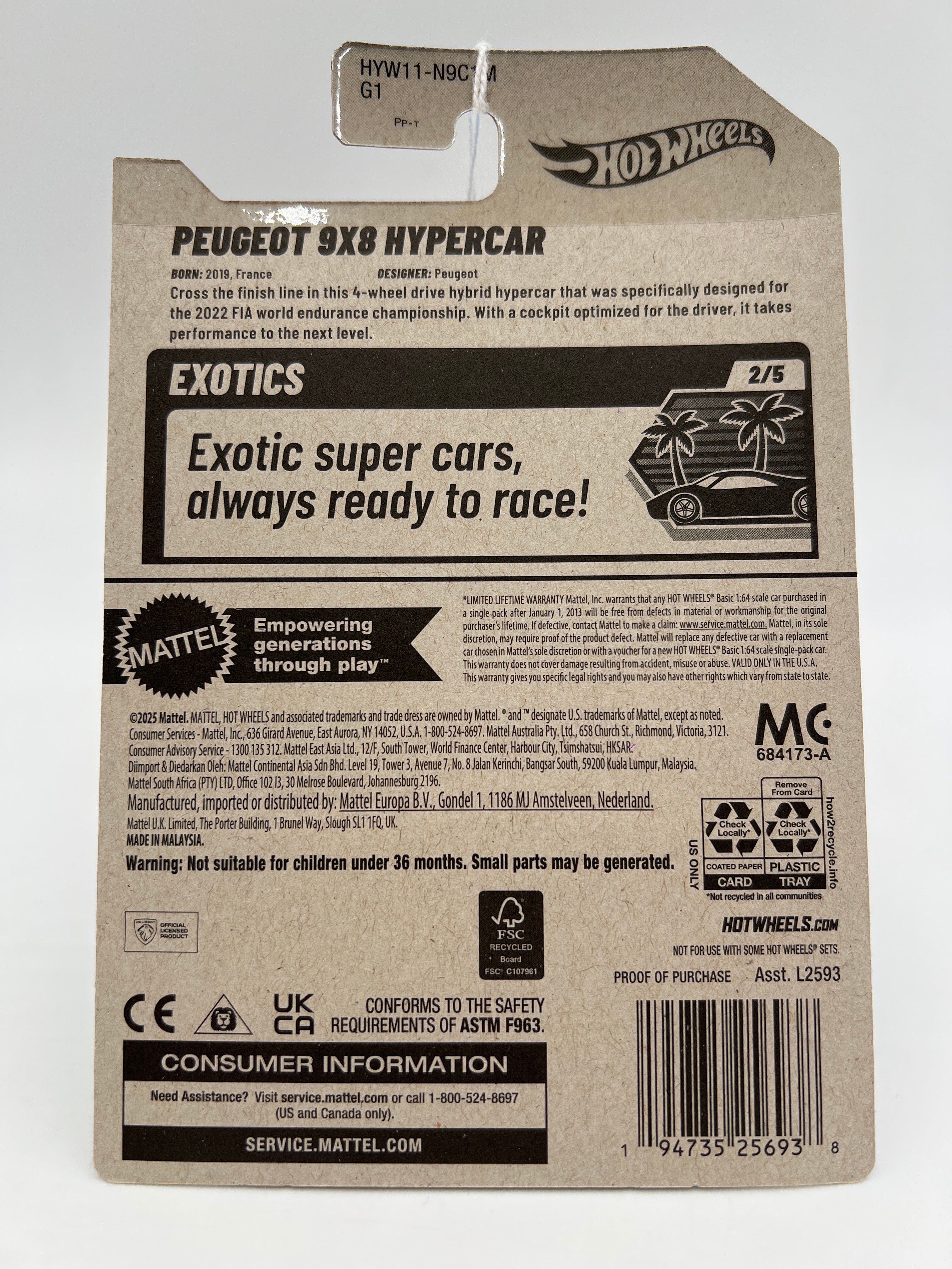 2025 Hot Wheels M Case Exotics #174 Peugeot 9x8 Hypercar White 61B